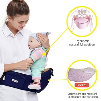 ANGELBB Baby Infant Hip Seat Carrier with Pockets, Lightweight Toddler Waist Stool Seat Belt Carrier (Blue)