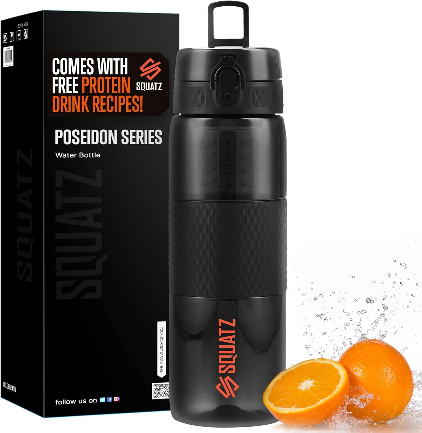 SQUATZ 24 Oz Poseidon Collection Water Bottle for Protein and Fruit Shakes – Premium High quality Vast Mouth Health club Flask Fruit Infuser Strainer, Carrying Strap, Leak Resistance, No Condensation Sleeve