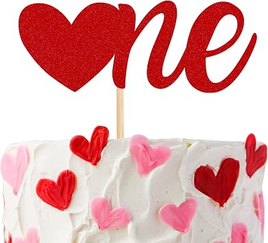 1 PCS Valentines Day One Cake Topper with Heart Glitter Sweet Love First Valentines Cake Picks Decorations for 1st Valentines Day Theme Wedding Bridal Shower Birthday Party Supplies Red