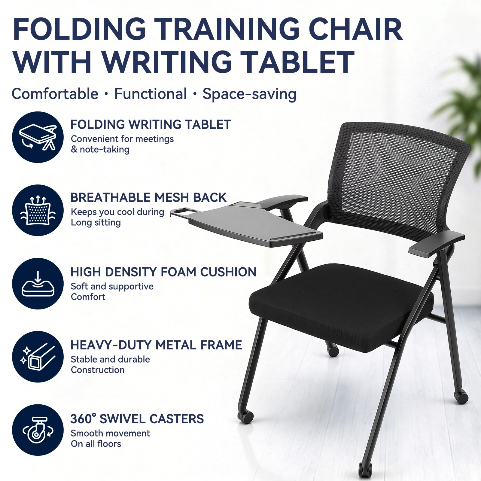 Chaise de Formation Pliable avec Tablette d'écriture, Fauteuil réunion roulettes pupitre, Dossier maillé accoudoirs, Porte-gobelet, Pliable Salle conférence，1