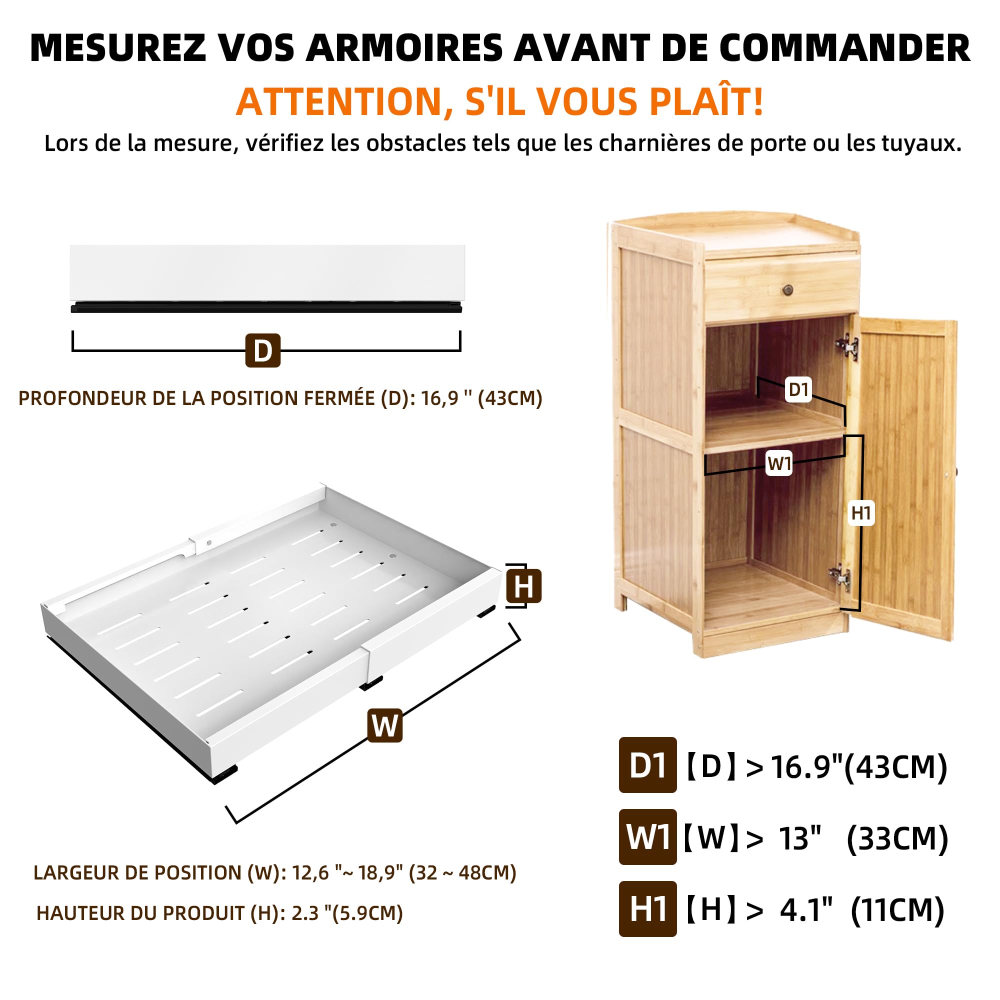 WISD Organizzatore per armadietti estraibile regolabile (32 cm - 48 cm) - Scaffale scorrevole con 3 guide, cassetto estraibile per cucina, dispensa, bagno (bianco, confezione da 2)