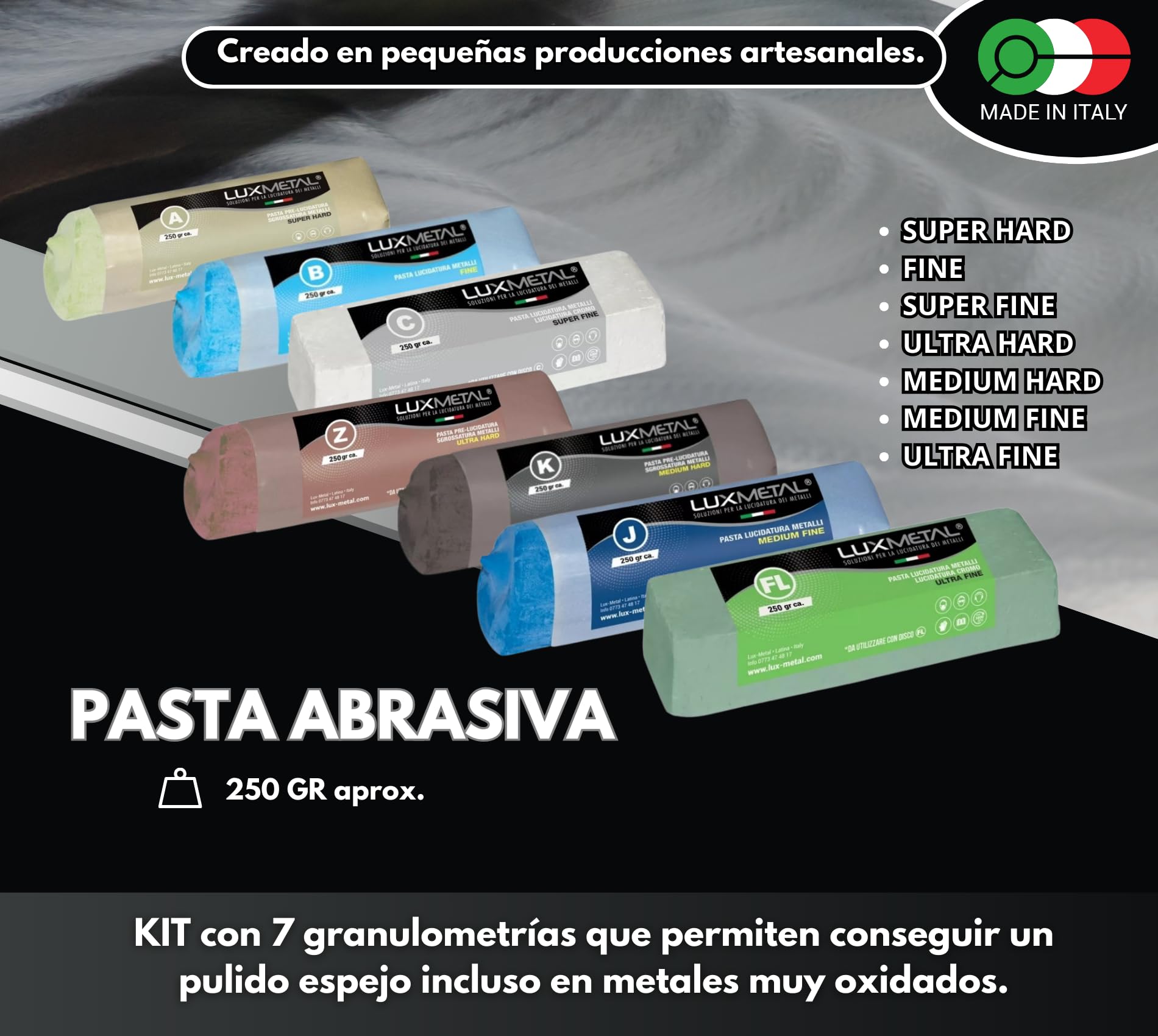 Lux Metal Kit 7 Discos Pulidores 150 mm 7 Pastas Abrasivas Pulidoras 250 gr Para Aluminio Hierro Acero Inoxidable Bronce Mármol Rueda de Pulido para Metales Taladro Muela Amoladora Fieltro Algodón