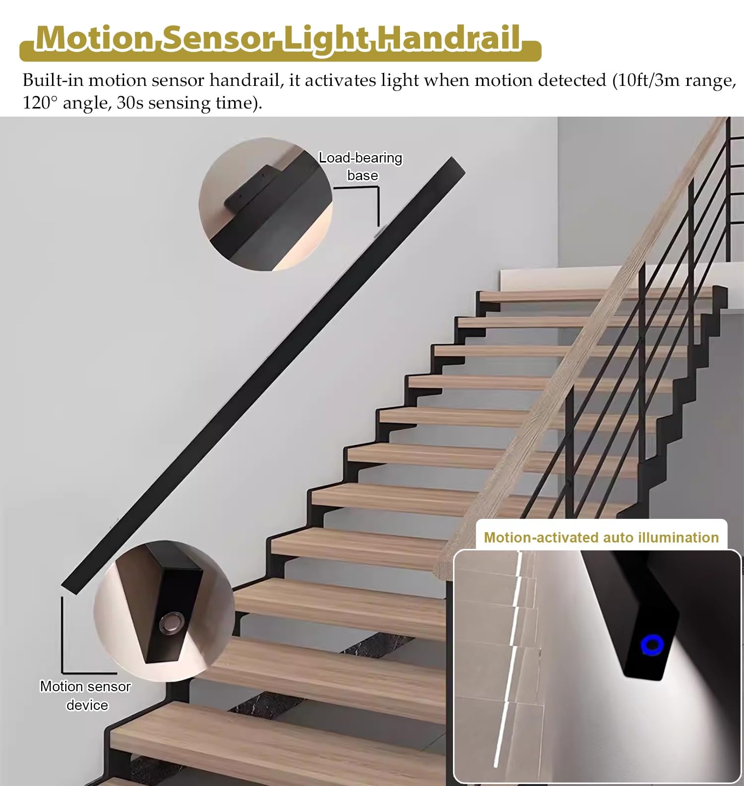 LED Mot Sensor il Lichter für Treppen 1,5m Schwarz Aluminium beleuchtet Geländer Energieeffiziente Beleuchtung für Innen Außen Stufen Sichere Beleuchtung Solut