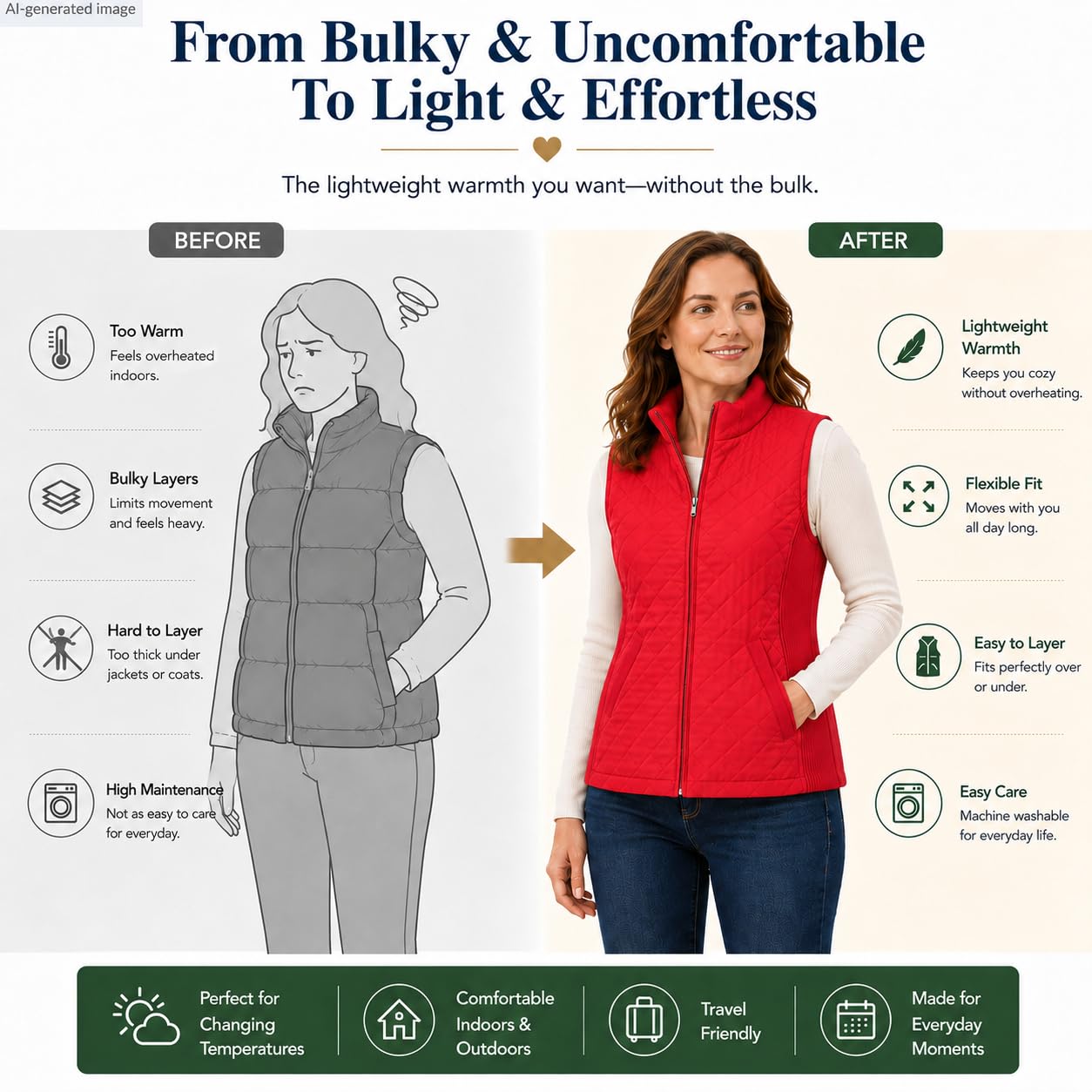 Bienzoe Gilet matelassé décontracté pour femme : veste légère et pliable sans manches, Rouge, 3X-Large