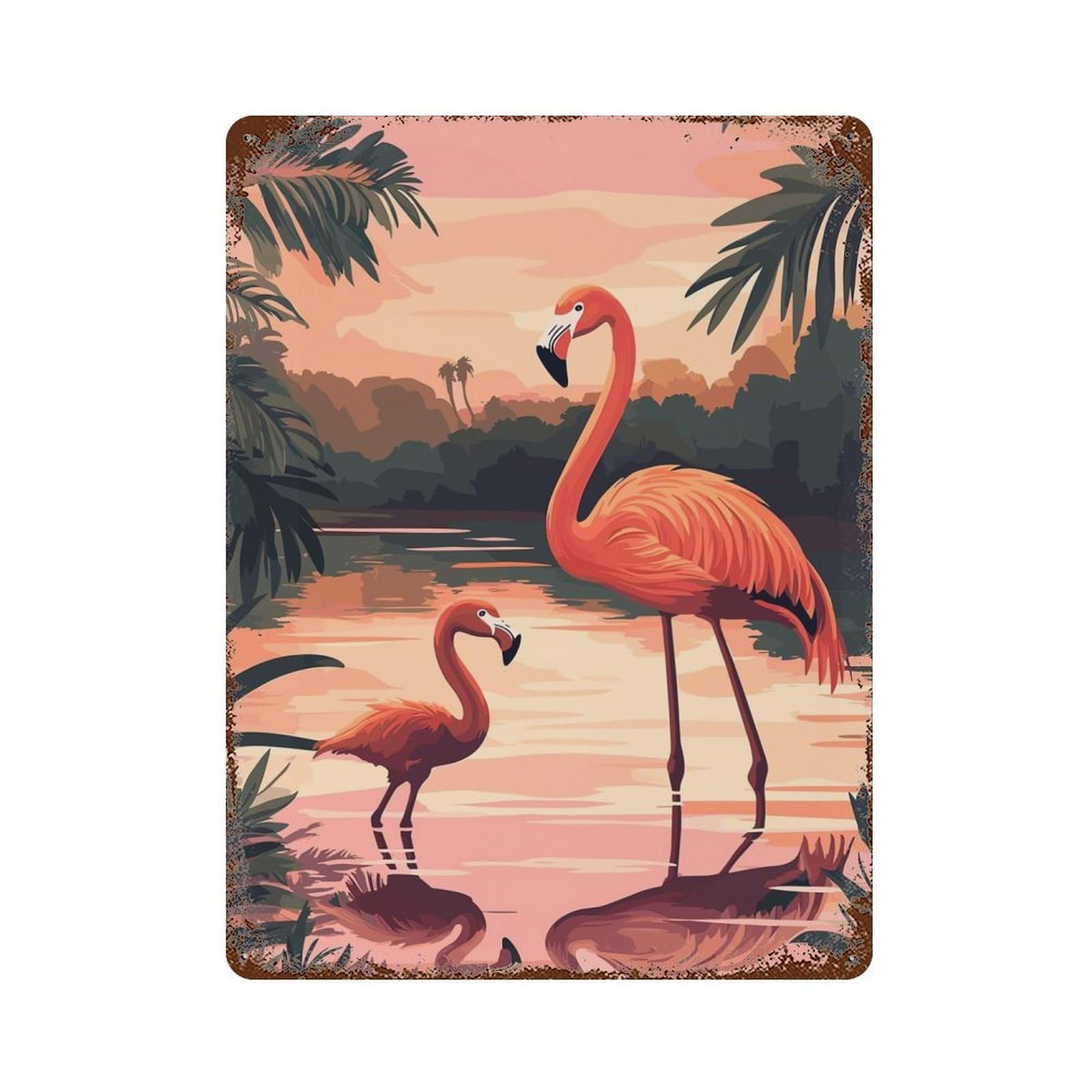 Aged Metal Wall Plaque with Pink Flamingos Sunset Design 15.7"x11.8", for Basement, Hobby Room And Garage Decor, Classic Wall Plaque