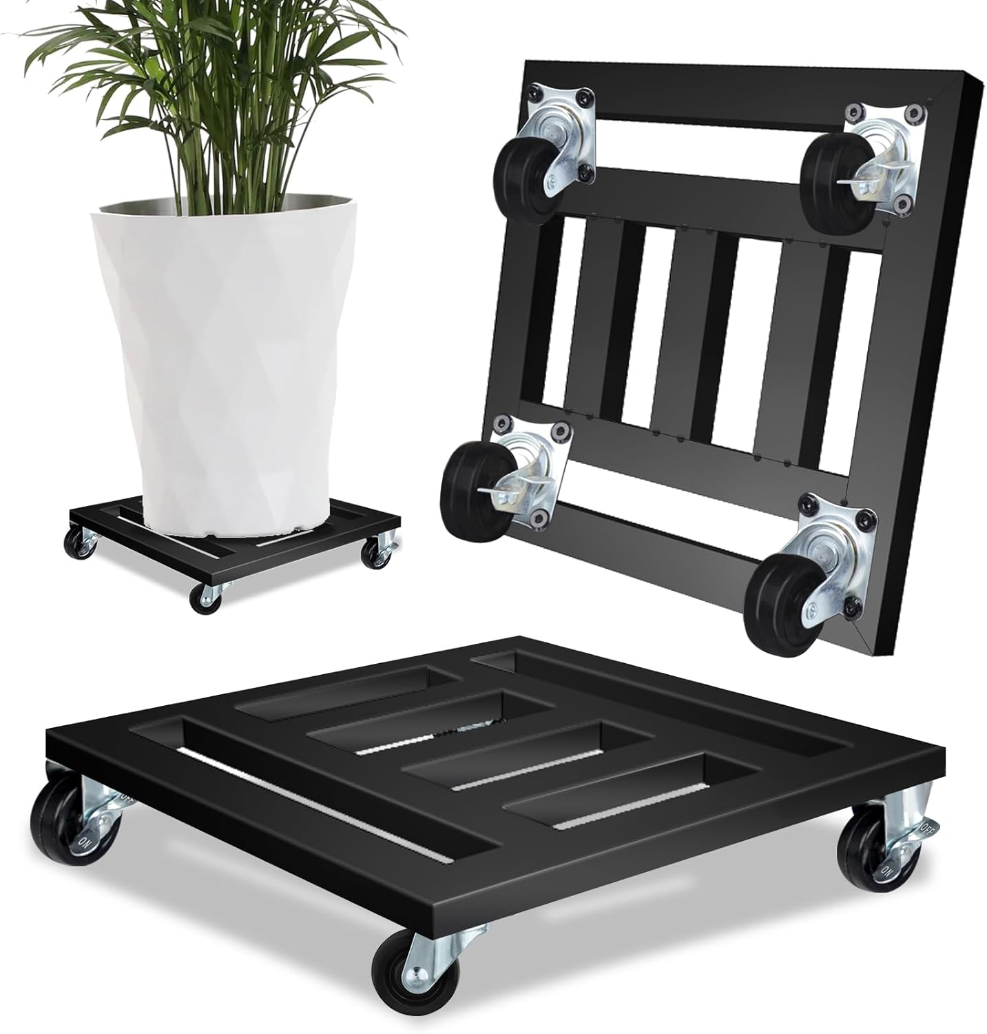 Carrito de plantas resistente con ruedas, paquete de 2 soportes de metal para plantas para interiores y exteriores, carrito cuadrado de 12 pulgadas
