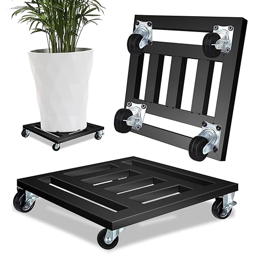 Heavy Duty Plant Caddy with Wheels, 2 Pack Metal Rolling Plant Stand Indoor Outdoor, 12'' Square Plant Dolly with Lockable Caster Wheels Holds up 400 Lbs Planter, Black