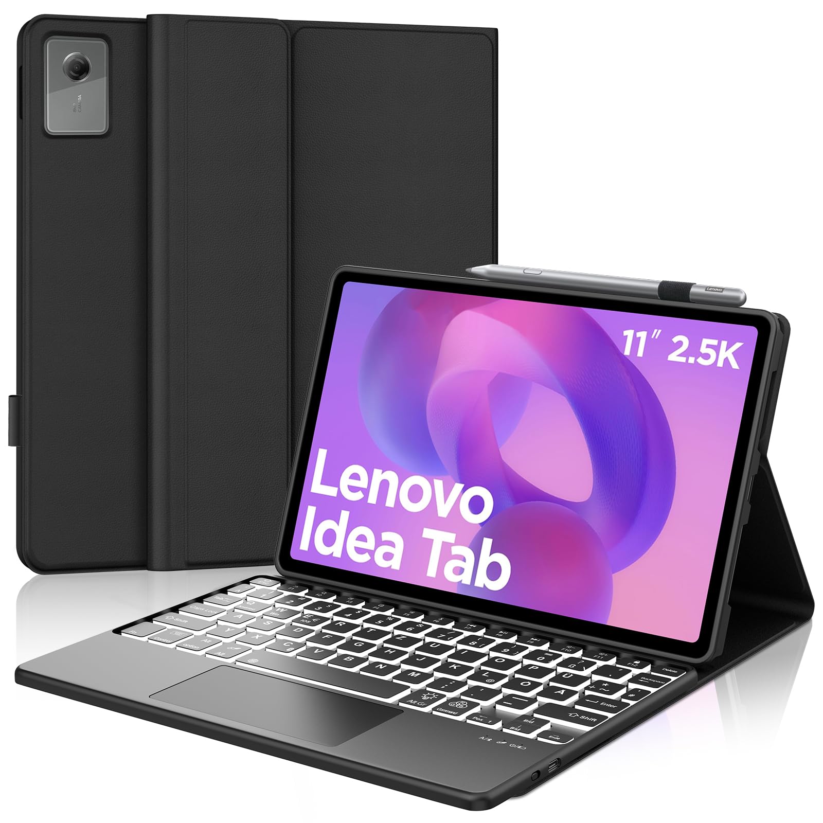 Für Lenovo Idea Tab 11" Hülle mit Touchpad & Beleuchtung QWERTZ | Mit 7-Farben Beleuchtung & Touchpad - Premium für Produktivität, Für Lenovo Idea Tab 11 Hülle mit Tastatur Schwarz