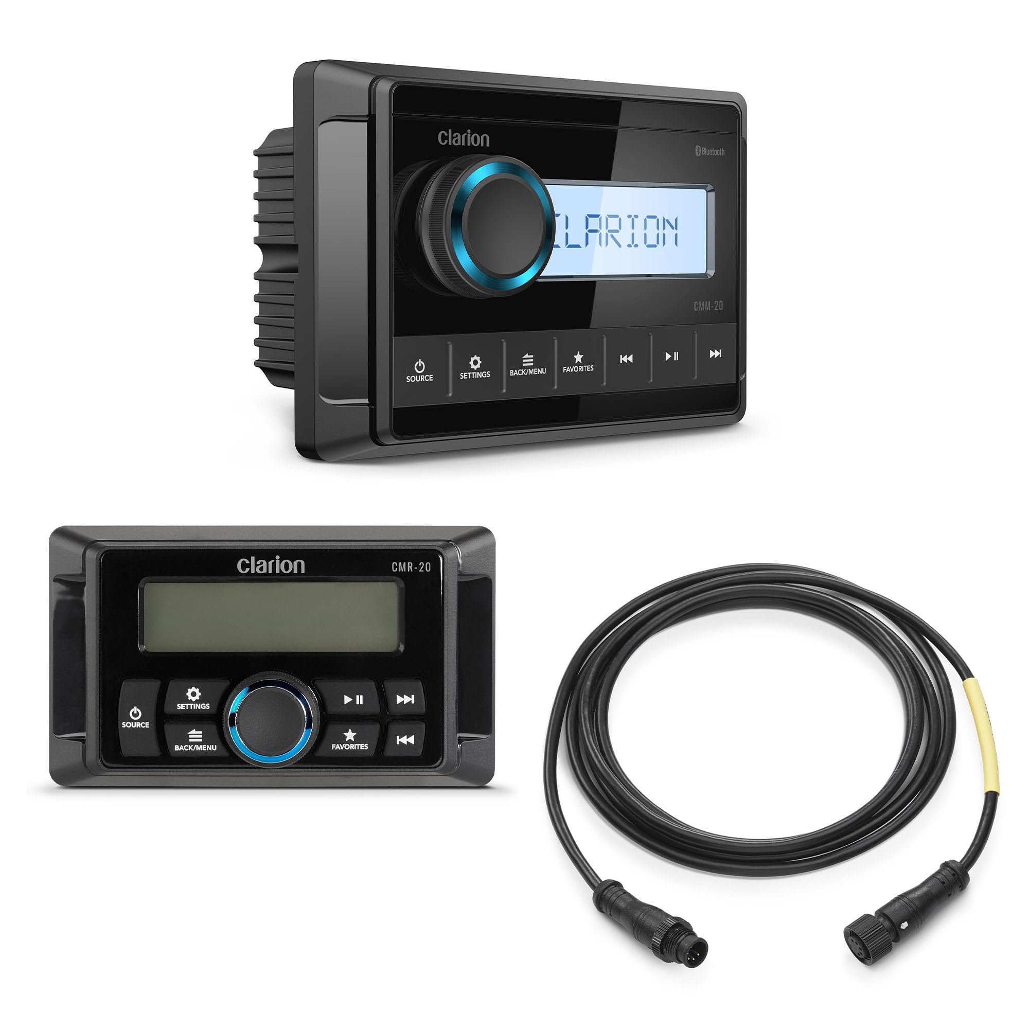 Clarion CMM-20 Marine Source Unit with LCD Display & CMR-20 Wired Marine Remote with 2.4" LCD Display & 6' Cable