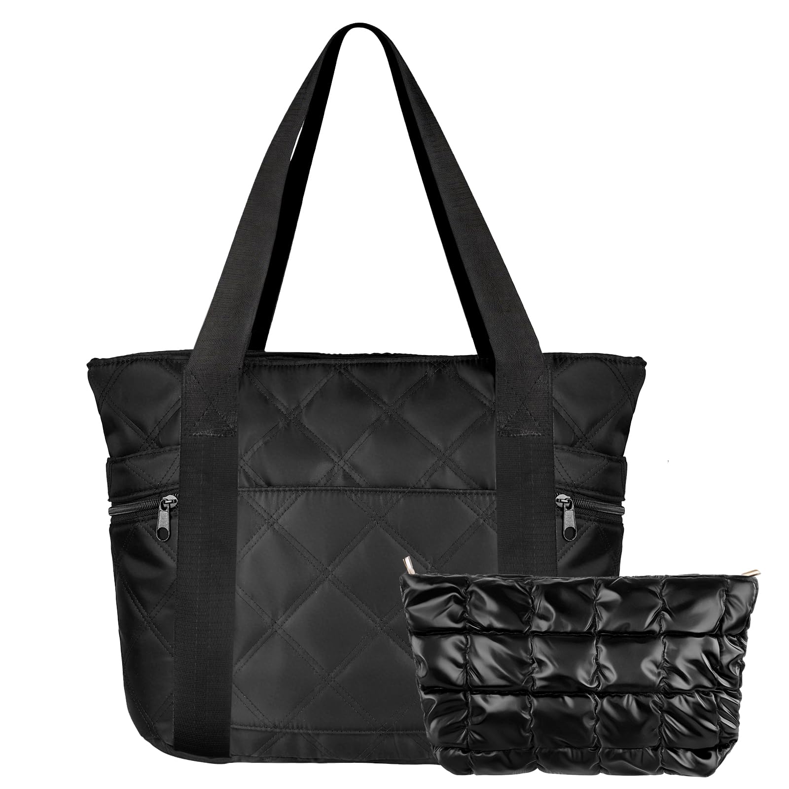 Borsa a Mano e Tracolla Donna, 15,7 Pollici Grande Puffy Tote Bag con Scomparto per Laptop e Borsa Piccola, da Viaggio Lavoro Università - Nero