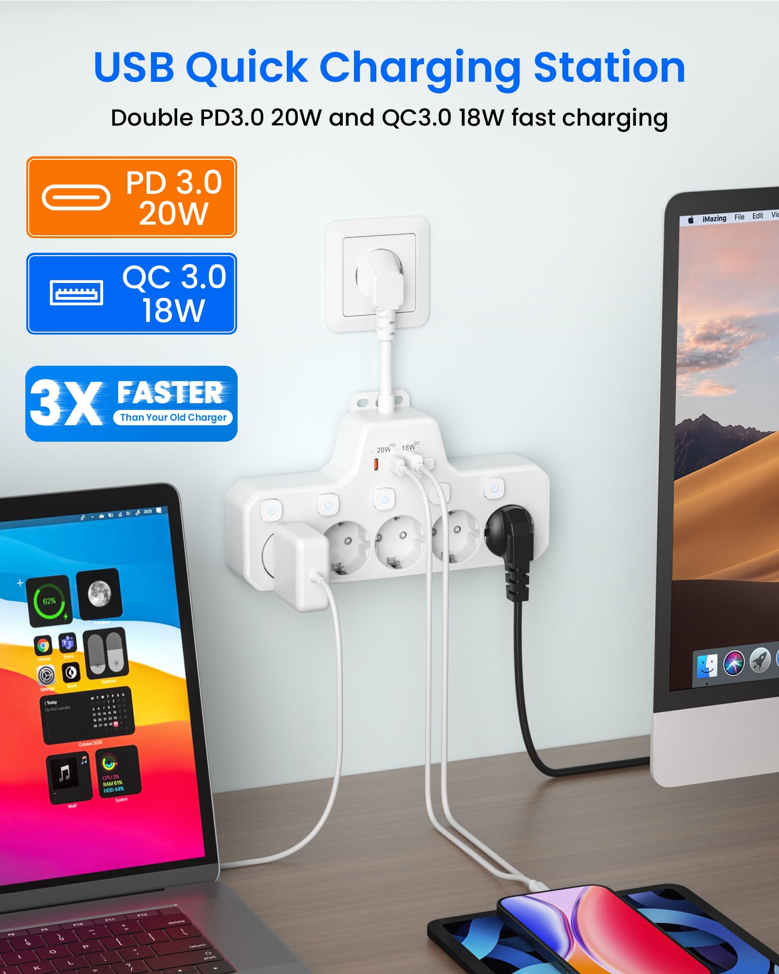 Regletas Enchufes Proteccion Sobretension, Ladron Enchufes con Interruptor,Regleta 5 Tomas con USB Carga rápida PD20W,Base Enchufe Multiple Interruptor Independiente,Enchufe Pared Cable Corto,Blanco