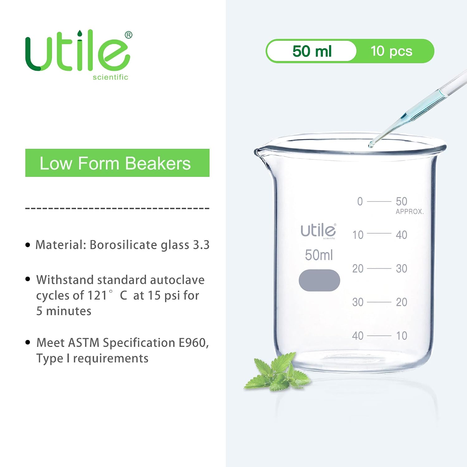 Utile 50ml Beaker Shot Glasses, Low Form Glass Beaker Set, 10pcs of 1.7oz(50ml) Borosilicate 3.3 Glass Chemical Beakers with Double Scale Printed Graduation, 4000.0050.10