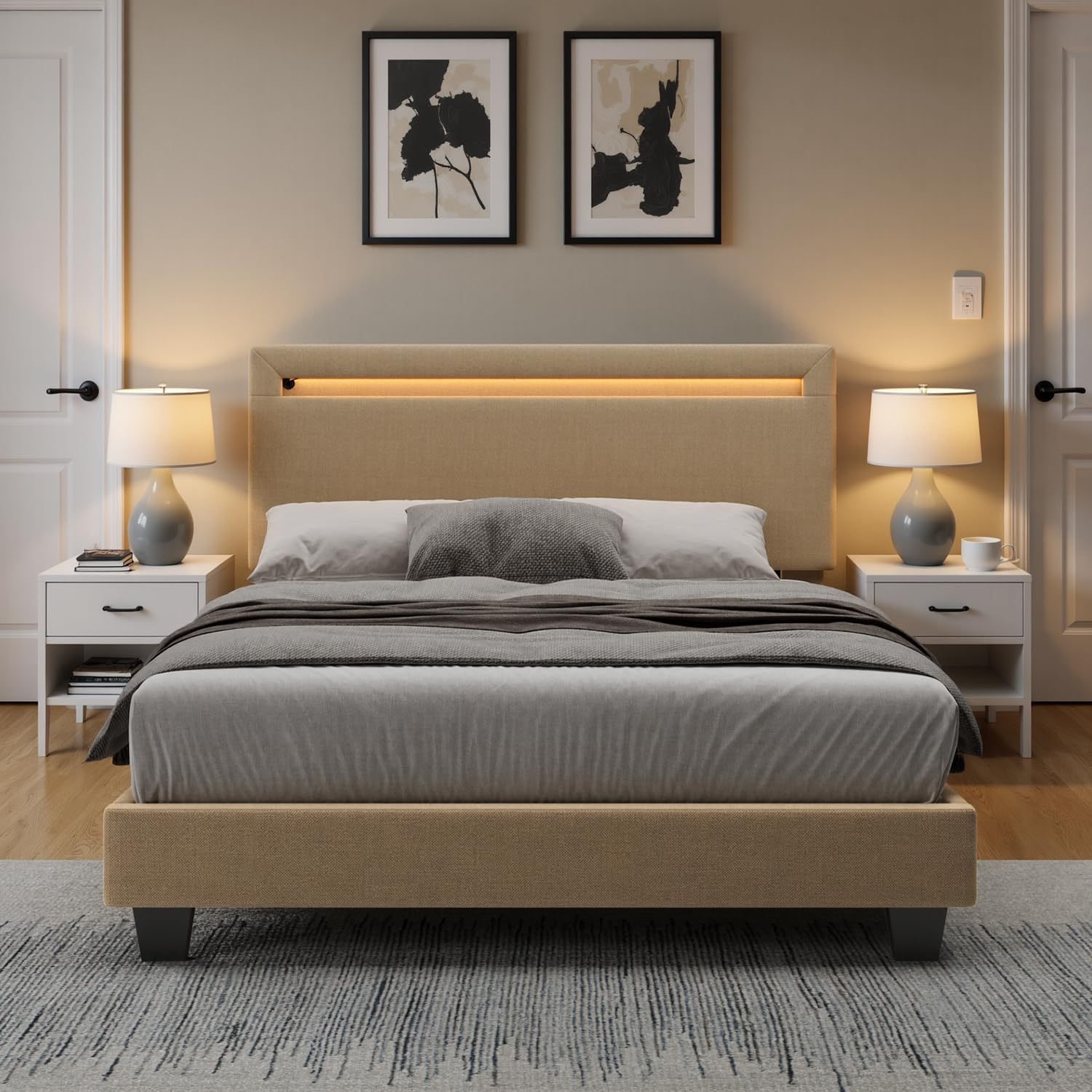 Cama Individual 120x200 cm con Iluminación LED Regulable y Esta, Cabecero Tapizado, Bastidor de Hierro Resistente, Ahorra Espacio, Ideal para Dormitorios y Habitaciones de Invitados, Beige