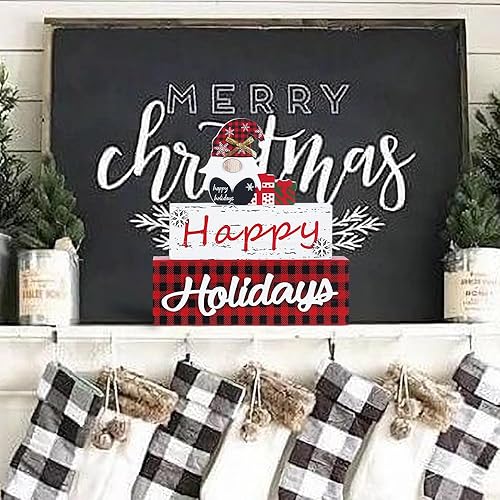 Miniatura 4 de MEETYAMOR Decoración navideña, bloque de madera de gnomo de 3 capas de tamaño grande con letrero de feliz día festivo, decoración de mesa de