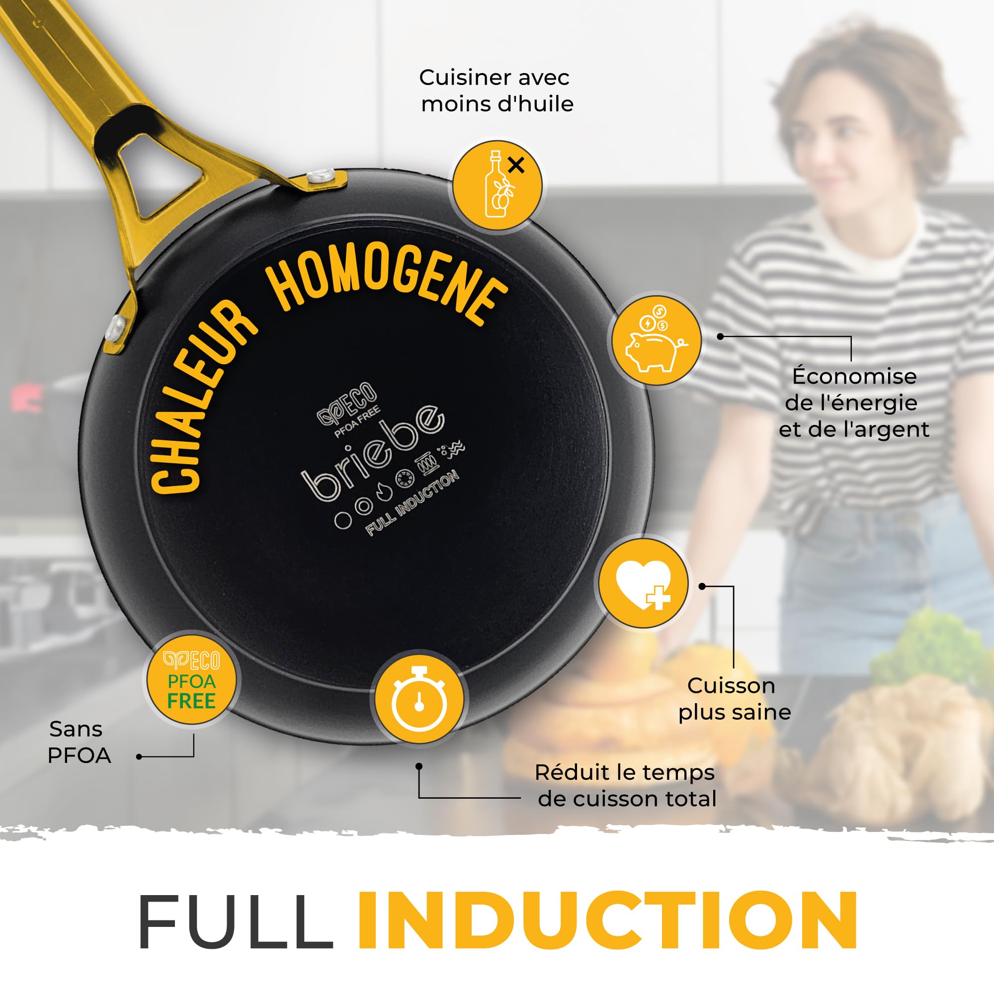 briebe Gold Titanium Set de 3 Poêles Induction, Antiadhésives Titane 18-20-24cm, Aluminium Forgé, Revêtement sans PFOA, Manche Professionnel Acier Inox, Vitrocéramique, Gaz, 3 Protecteurs