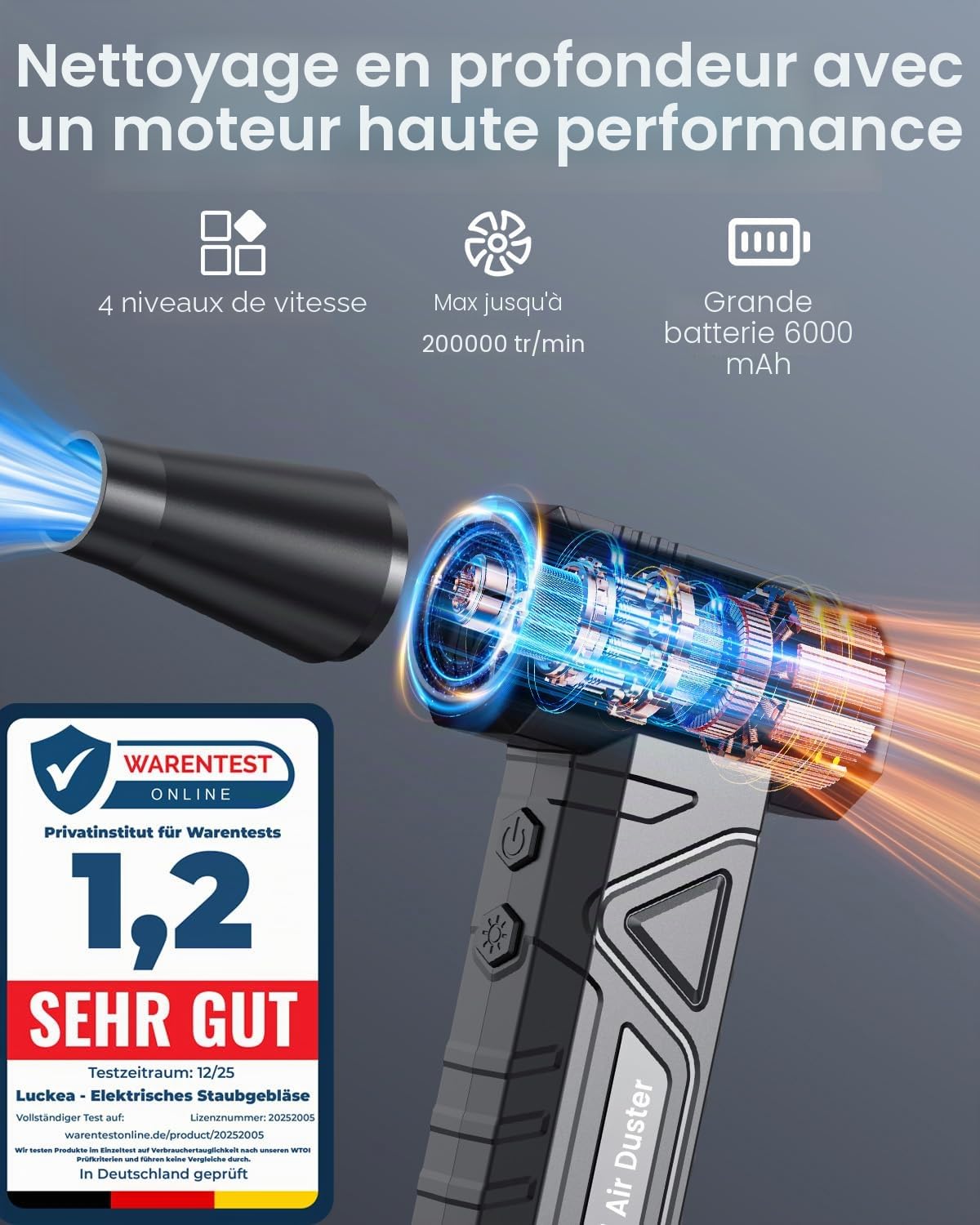 Souffleur Air Comprimé 200000 RPM - Mini Souffleur PC avec 4 Vitesses, Lumière LED, Air Duster, Bombe Air Sec Nettoyage Clavier Électronique, W18, Noir