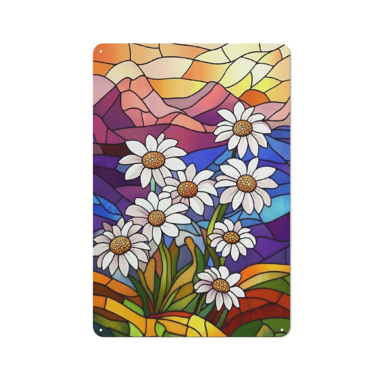 Retro Metal Sign 30x20cm Featuring Stained Glass Daisies for Bar Or Restaurant, for Bar Decor Enthusiasts