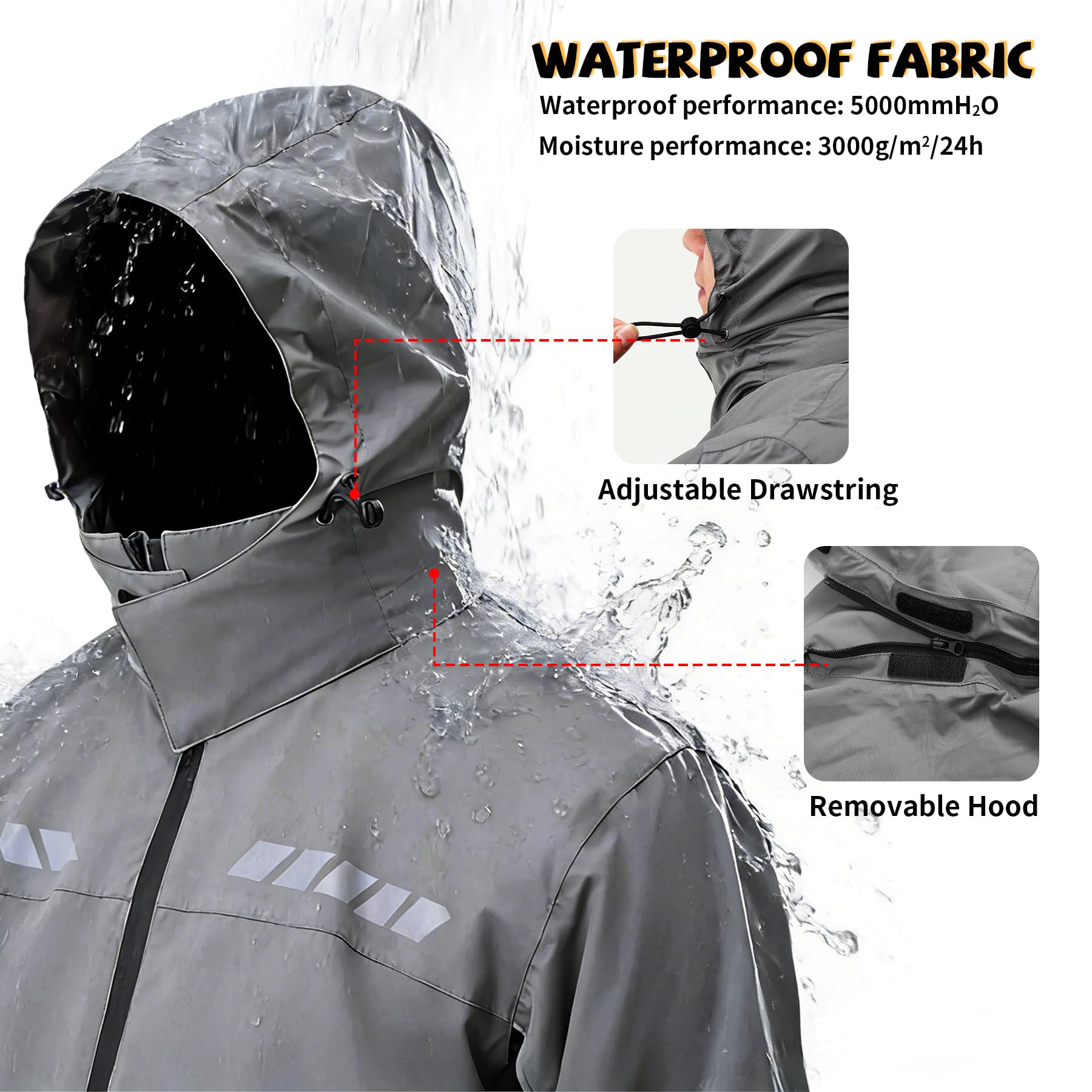 Waterproof Motorcycle Men's Rain Suit, Breathable Lightweight Hooded Reflective Rain Gear, Rain Jacket and Pants for Men