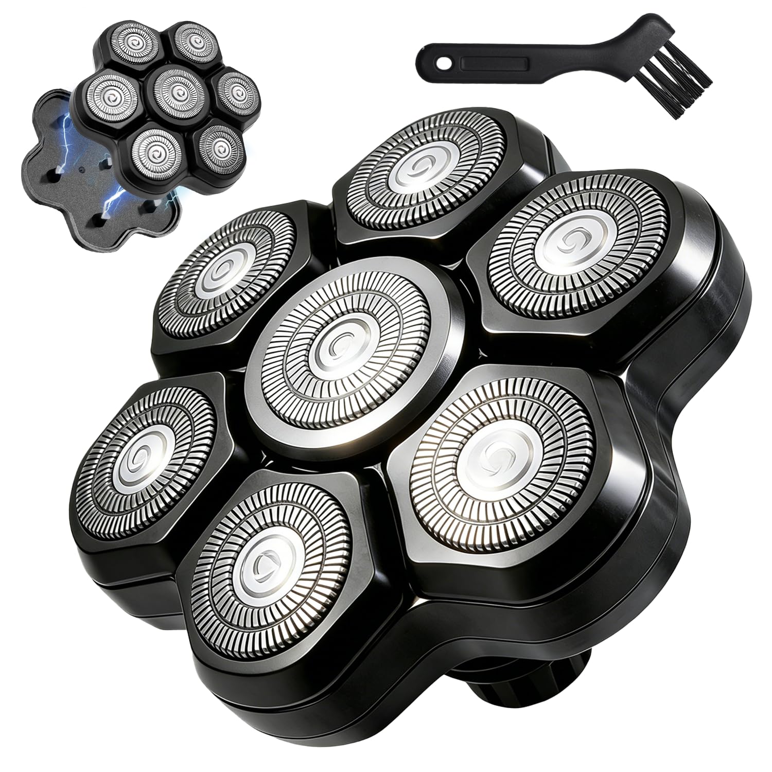 7D Blades Head Shaver Replacement Heads, Universal 7 Blade Floating Heads for Electric Rotary Razor, Replacement Head for Men with Brush