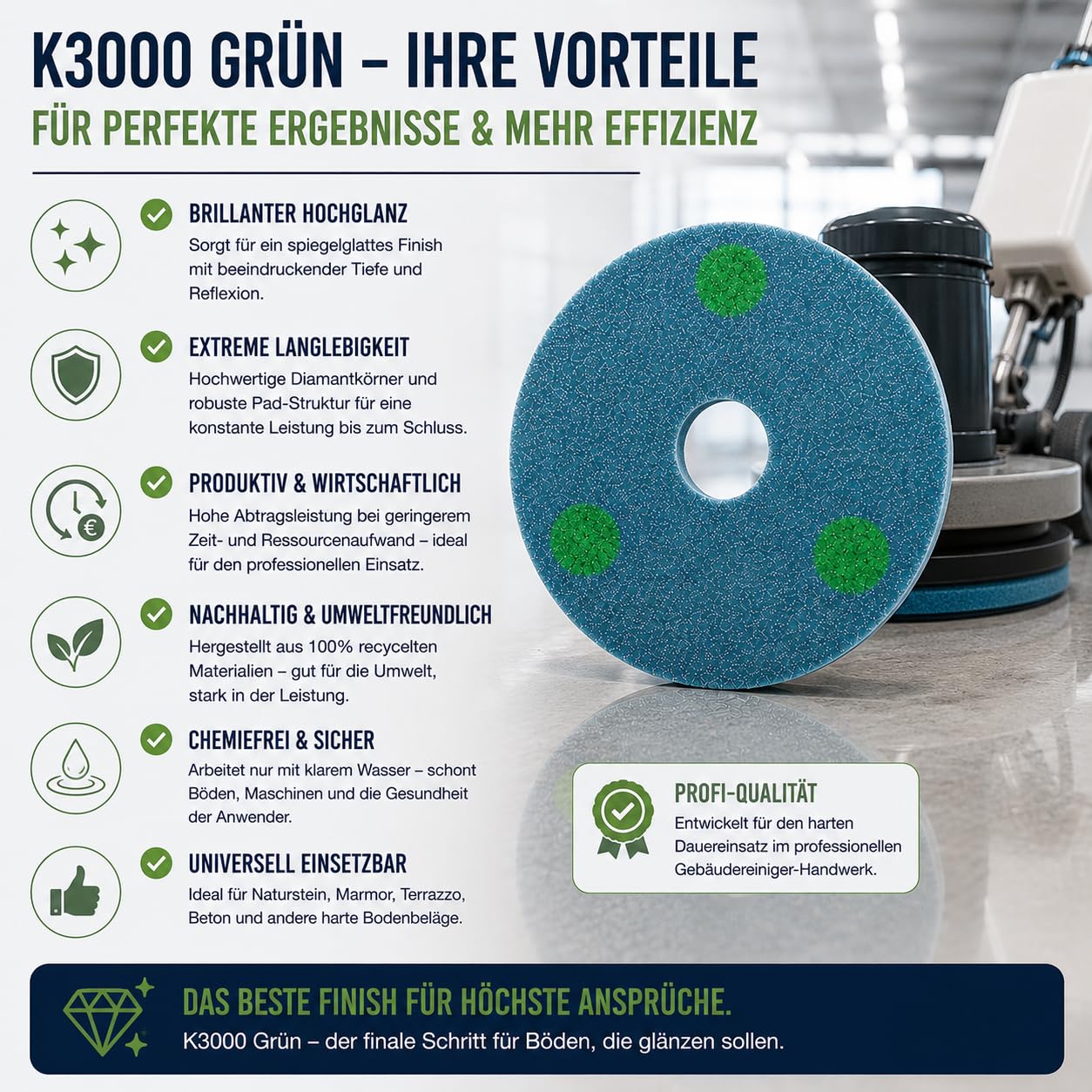 Profi-Diamantpad K3000 Grün (2er-Vorteilspack)-Blaues Polierpad für Einscheibenmaschinen|Zur Endpolitur & Hochglanz-Veredelung von Hartböden|Passend für Treibteller in 13",16",17"&20"Zoll (17 Zoll)