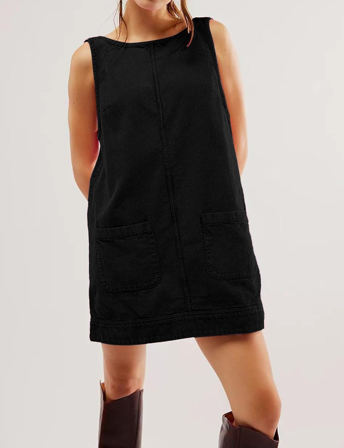 TBA Corduroy Overall Dress for Women Round Neck Skirtall Jumper A Line Mini Romper Pinafore with Pockets Black - Image 3