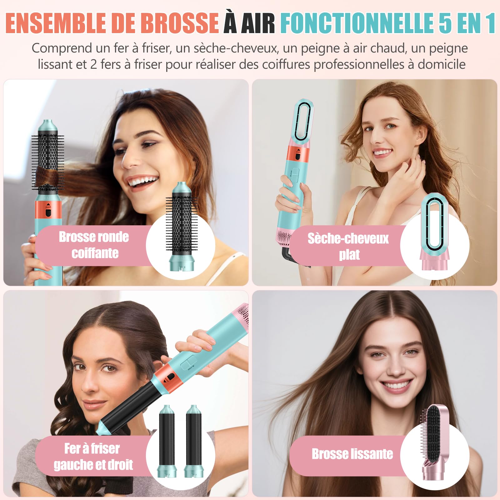 Brosse Chauffante Brushing Multi-Usages, 1-Step Styler,Air brush 5 Set Avec Seche Cheveux,Brosse Soufflante Rotative Pour Cheveux,Brosse Soufflante Technologie CéRamique,SéCher, Boucler, Lisser (Bleu)