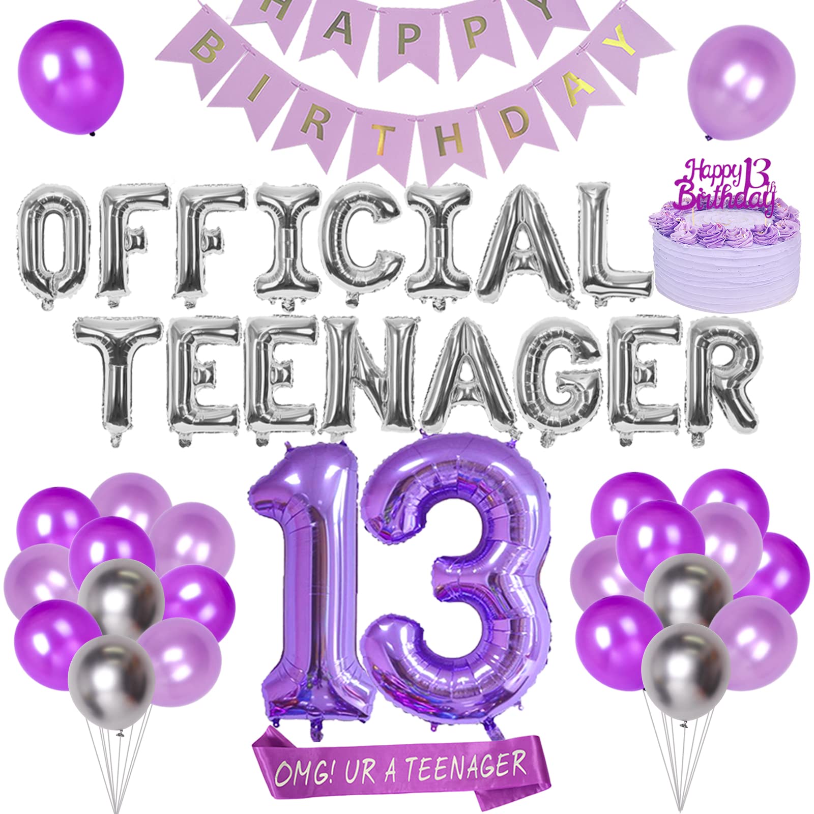 Cheereveal 13th Birthday Decorations for Girls Purple and Silver, Official Teenager Balloons Banner, Happy Birthday Banner, Omg Ur A Teenager Sash, Number 13 Foil Balloon, 13th Birthday Party Supplies