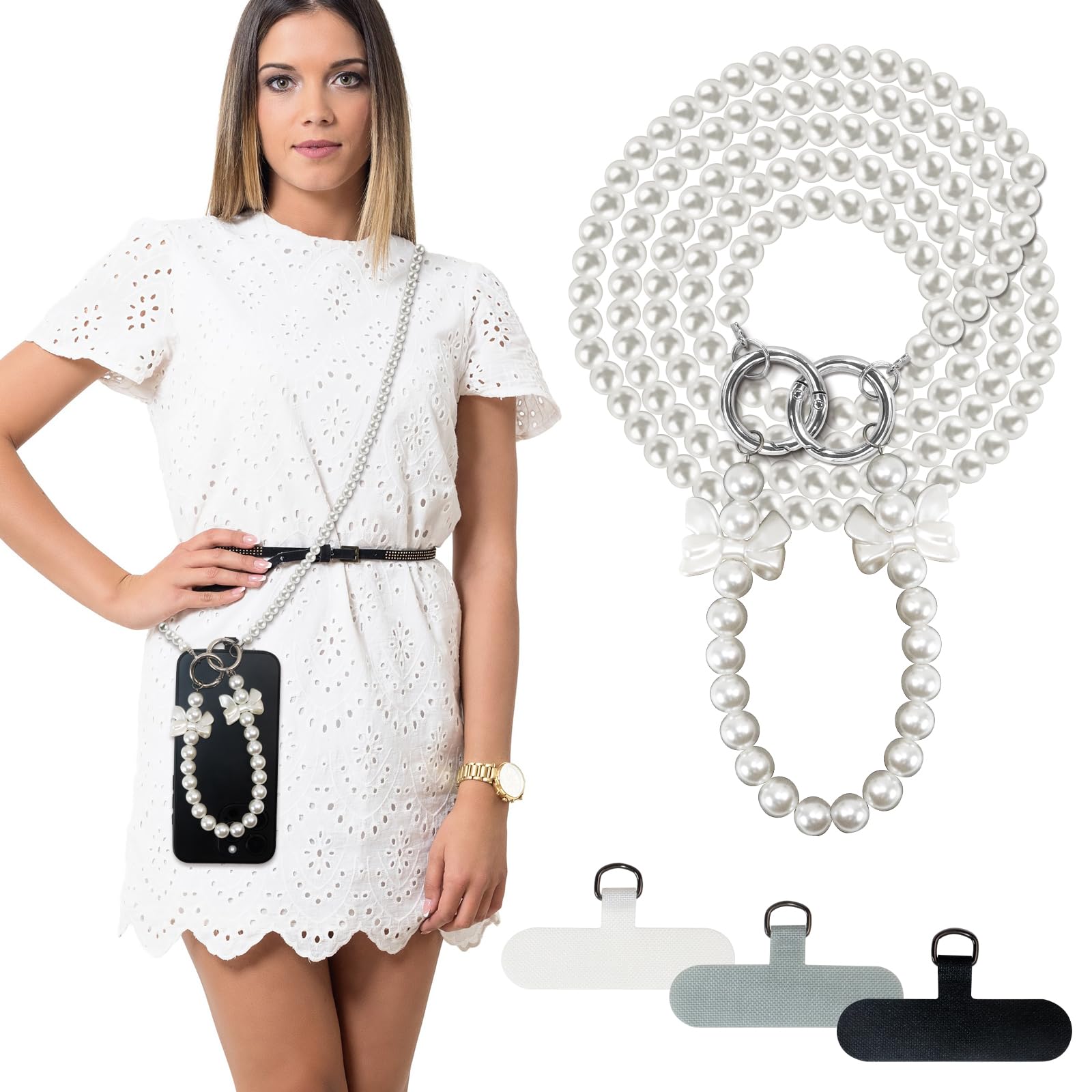 AEXHOT Phone Crossbody Lanyard Chain and Wrist Strap, Universal Pearl Chain Shoulder Lanyard with Phone Tether for Patches