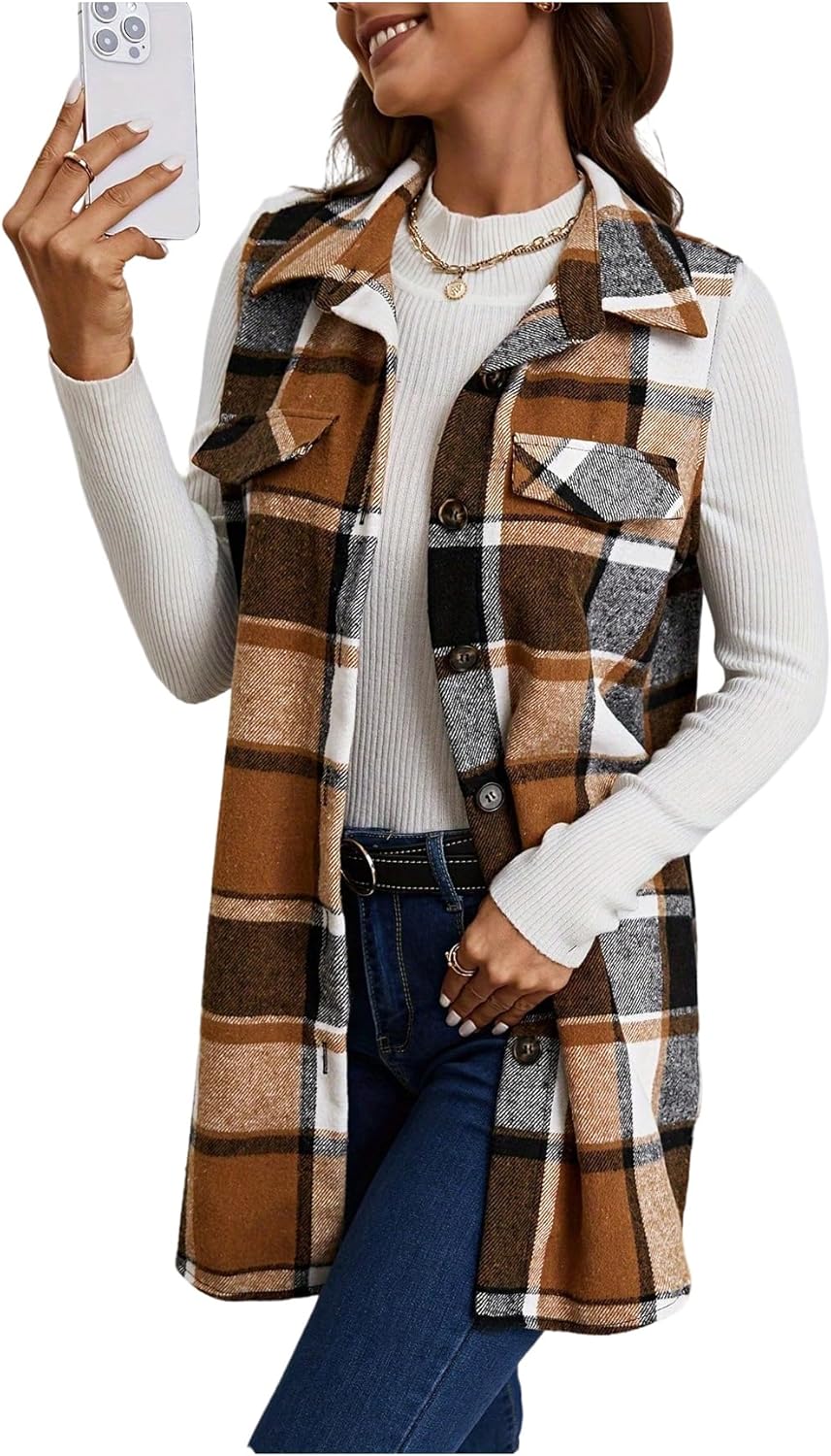 SweatyRocks Women's Flannel Plaid Vest Sleeveless Button Down Blazer Jacket Coat Fall Winter Trendy Vests - Image 5