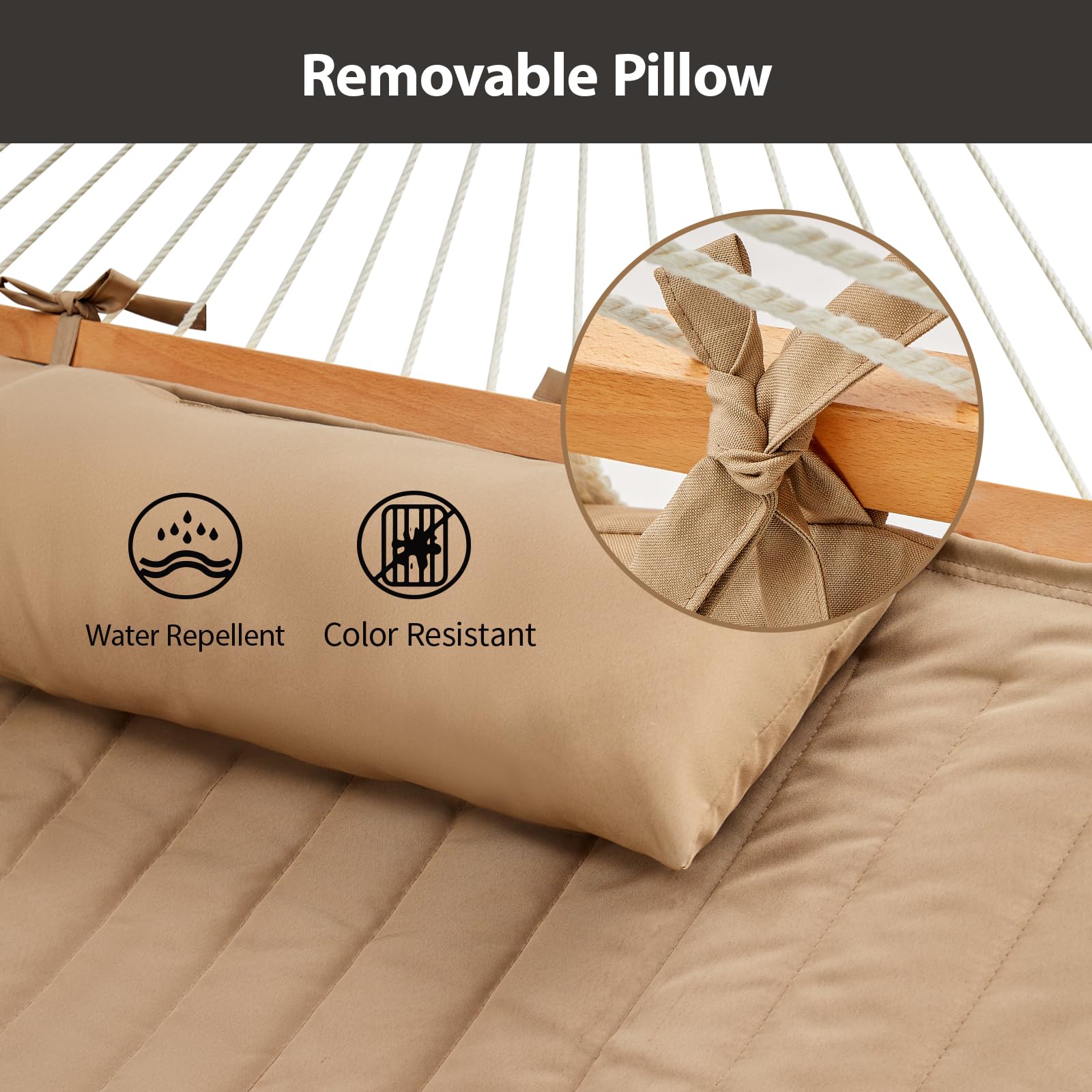 Hamaca doble para exteriores con barras separadoras de madera dura, hamaca de cuerda grande con almohadilla de poliéster y almohada, capacidad de 475 libras para 2 personas, patio, patio 7