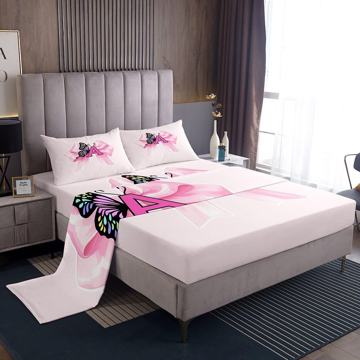 Erosebridal Pink Bowtie Bed Sheets Set Twin Letter A Sheet Set Kawaii Butterflies Wing Girly Dreamy Sheets Princess Cute Fashion Bowknot Flat Fitted Sheet