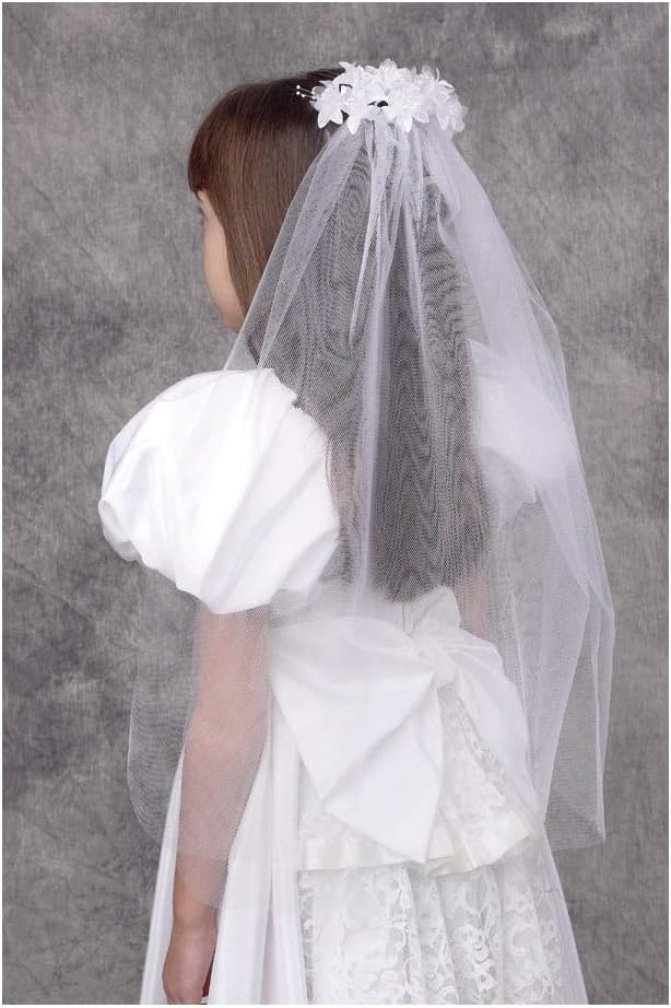 Floral Beaded White Tulle Veil for First Communion or Wedding, 25 Inch