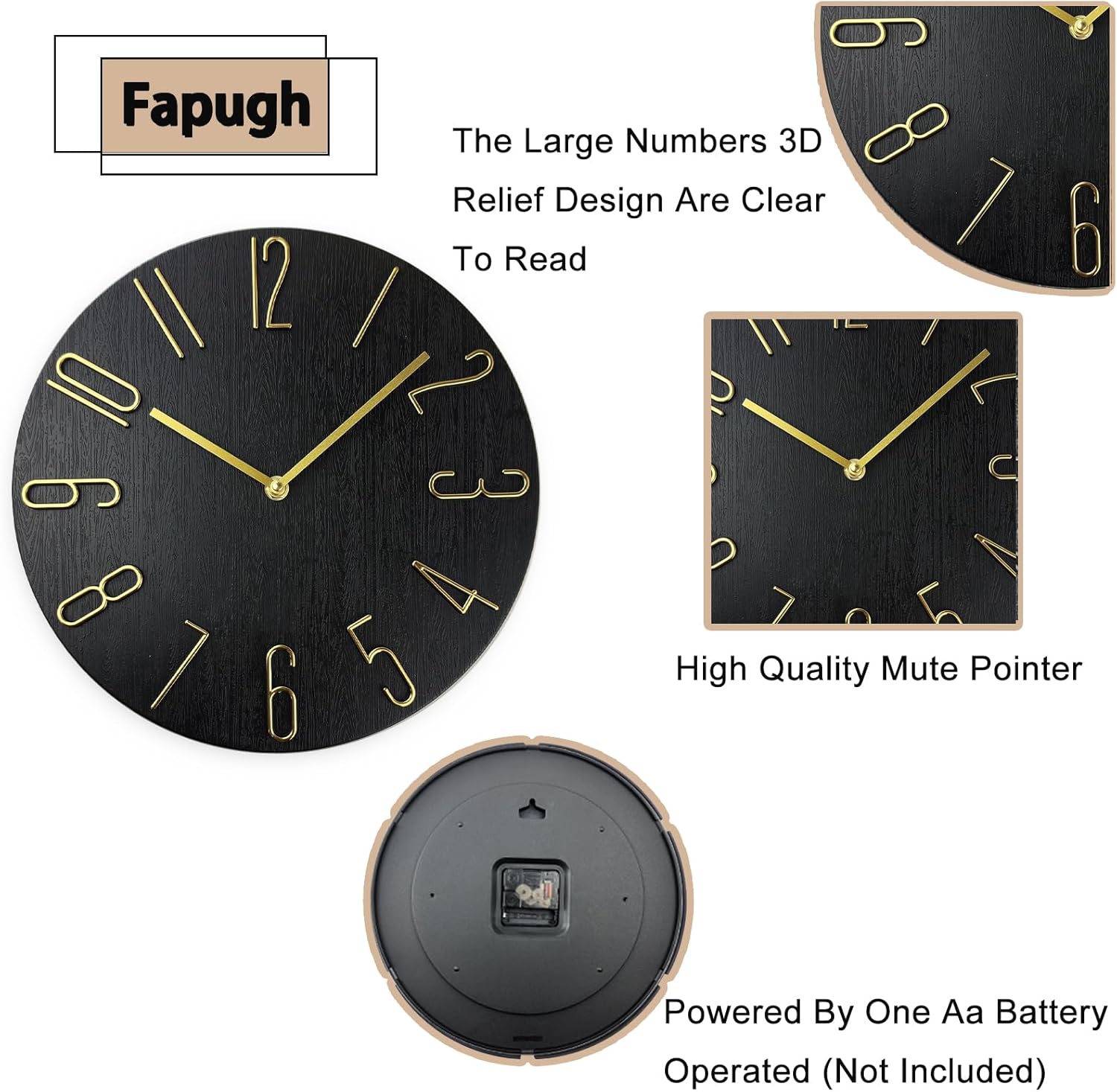 Wall Clock, Silent Clock, Wall Clocks Battery Operated， 12 inch Modern Wall Clock, Suitable for Offices, Living Rooms, Kitchens, Homes, Schools (Black Without Second Hand)