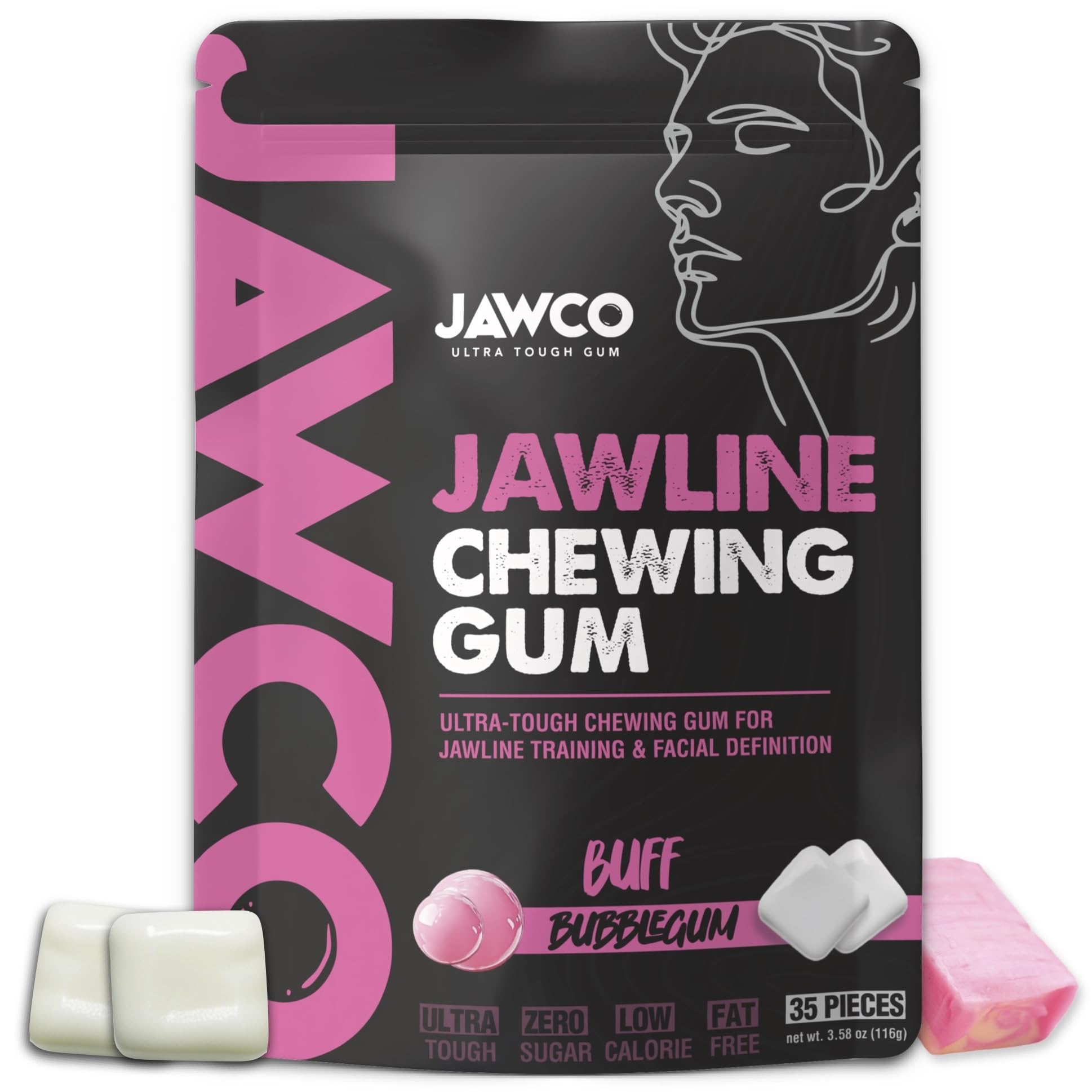 JAWCO Ultra-Tough Jawline Chewing Gum | Get a Stronger, Squarer Jawline | Bubblegum Jaw Training Hard Gum | 15X Strength | Chisel, Sculpt, Tone your Jaw | Facial Fitness Mewing Gum | 35 Pieces/Pack