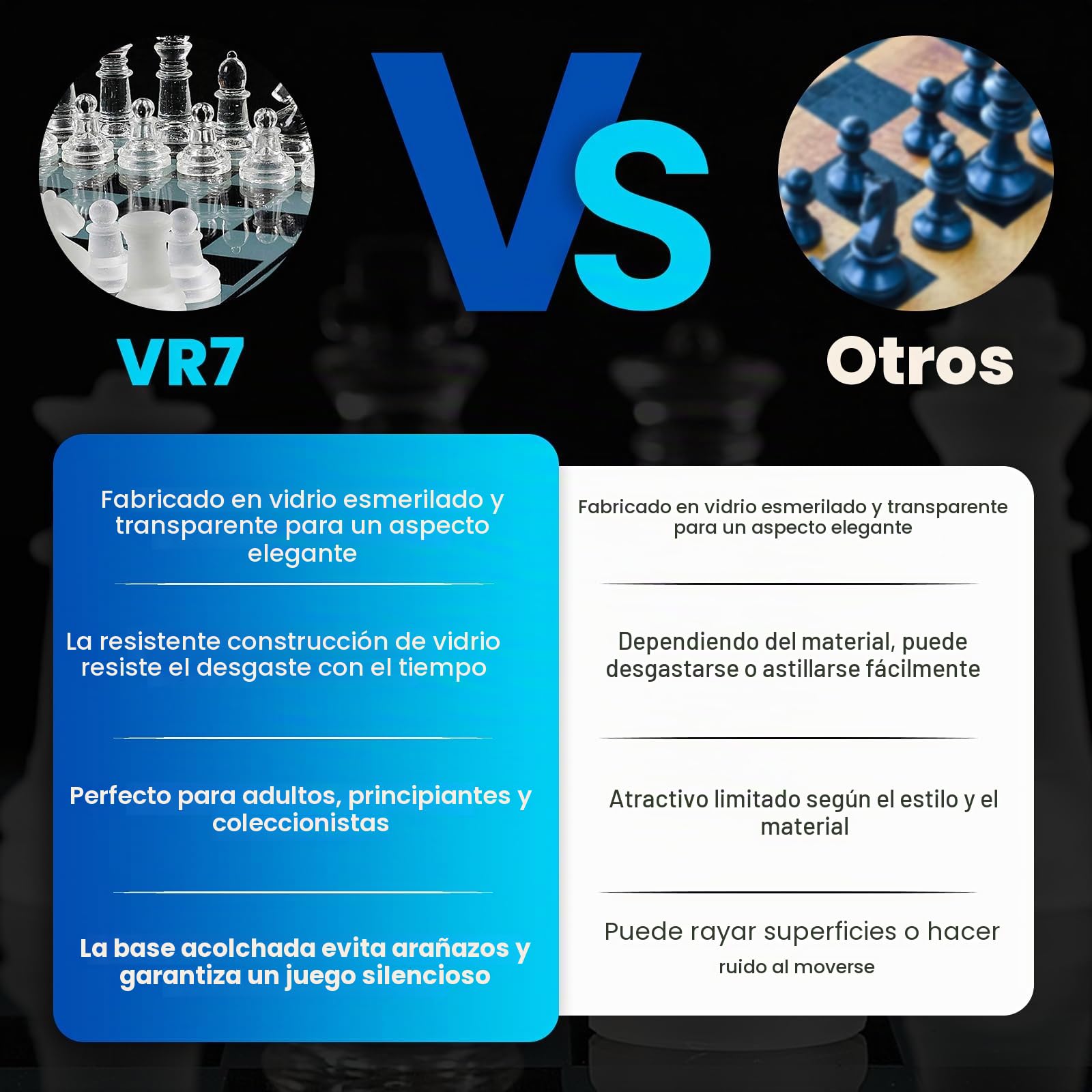VR7 Juego de Ajedrez de Cristal con Parte Inferior Acolchada, Juego de Ajedrez de Vidrio Esmerilado y Transparente para Adultos, Juego de Mesa de Lujo para 2 Jugadores