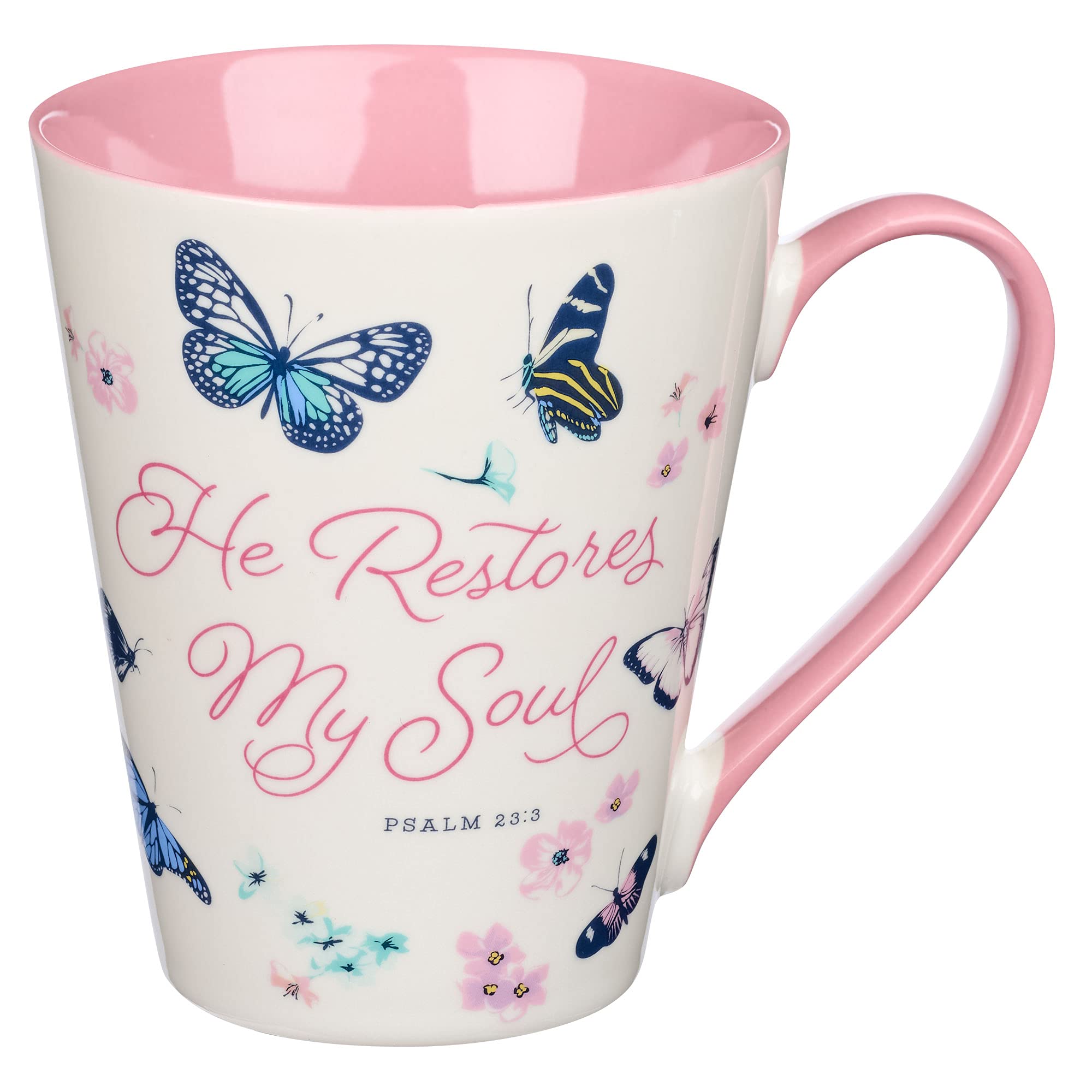 Christian Art GiftsComforting Butterfly Ceramic Scripture Coffee and Tea Mug for Women: He Restores My Soul - Psalm 23:3 Bible Verse, Dishwasher/Microwave Safe, Pink and White Floral, 14 oz.