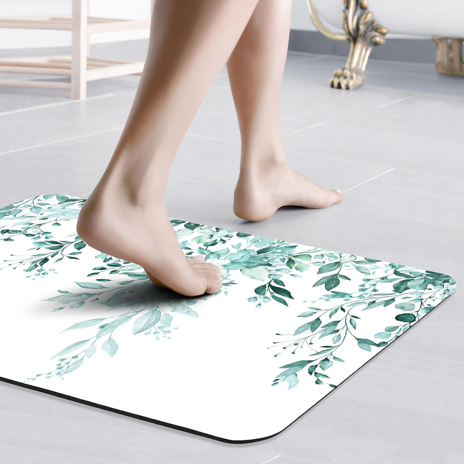 Gibelle Eucalyptus Leaves Bath Mat Rug Set 2 Piece, Super Absorbent Quick Dry Bathroom Rug Set, Non Slip Rubber Backed Bathroom Floor Mat for Tub Shower Sink (17"x24"+20"x32", Teal)