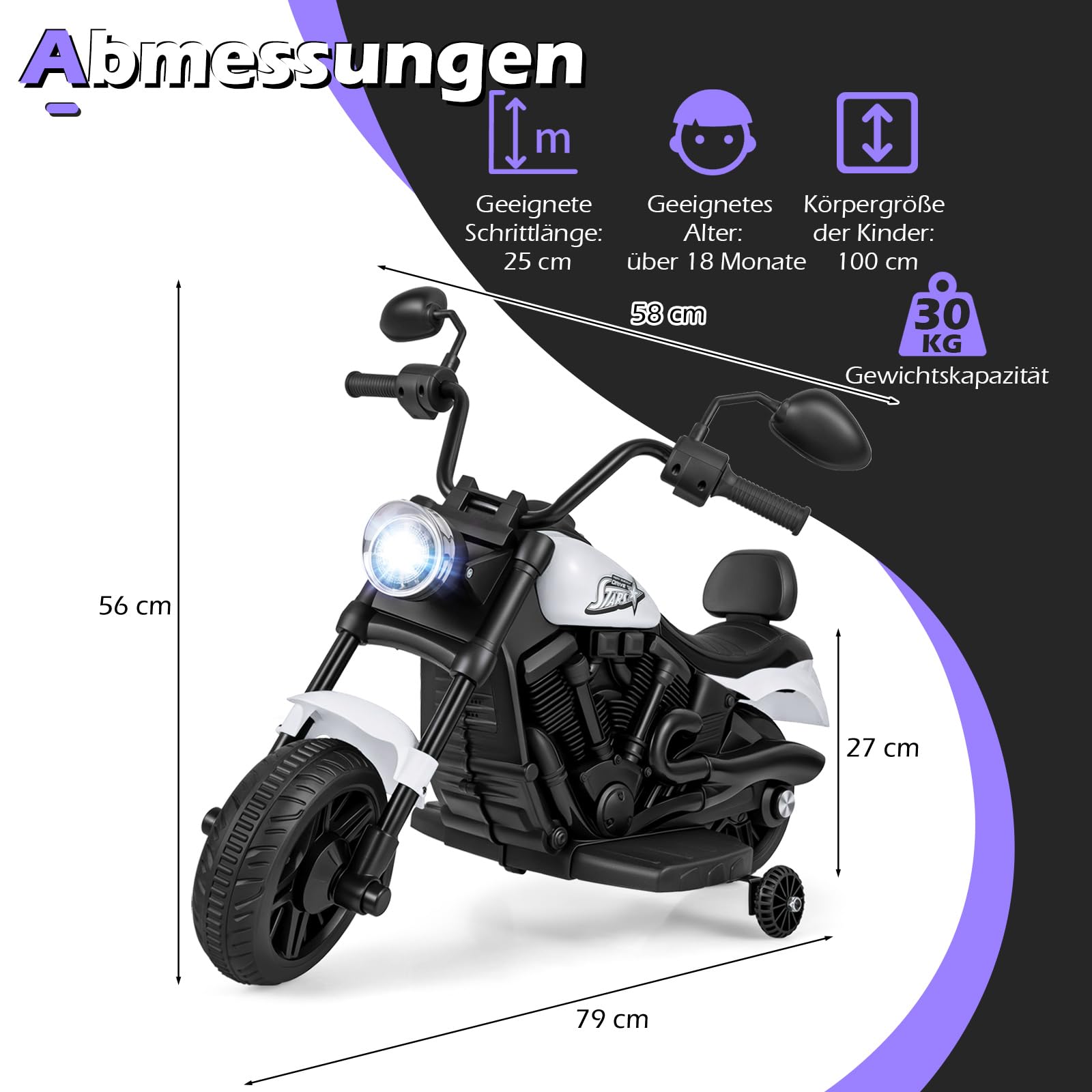 COSTWAY 6 V Kinder Motorrad Elektro, Kindermotorrad mit Scheinwerfer, Rückspiegel & 2 Stützrädern, Elektromotorrad mit Musik & Licht, 2,4 km/h, Elektrofahrzeug für Kinder ab 18 Monaten (Weiß)