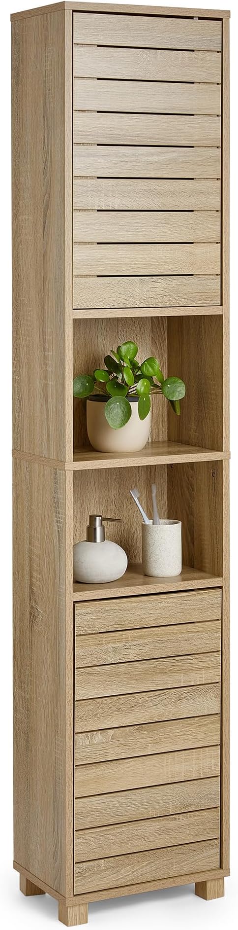 Tall Bathroom Cabinet – Oak Wood Effect Bathroom Tallboy with Slatted Design - Tall Storage with 2 Handleless Cupboard Doors, 5 Internal & 2 Open Shelves - for Kitchen & Hallway - Chester