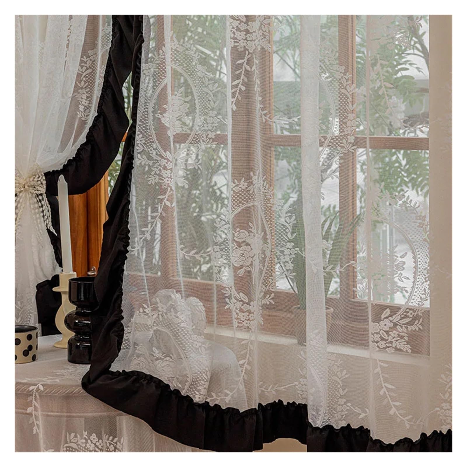 DFGRGRV Ruffle Curtains White Flower Jacquard Tulle Curtain For Living Room Bedroom Black Ruffled Lace Sheer Veil Drapes For Kitchen Door Decor(W100 x H180cm 1Piece)