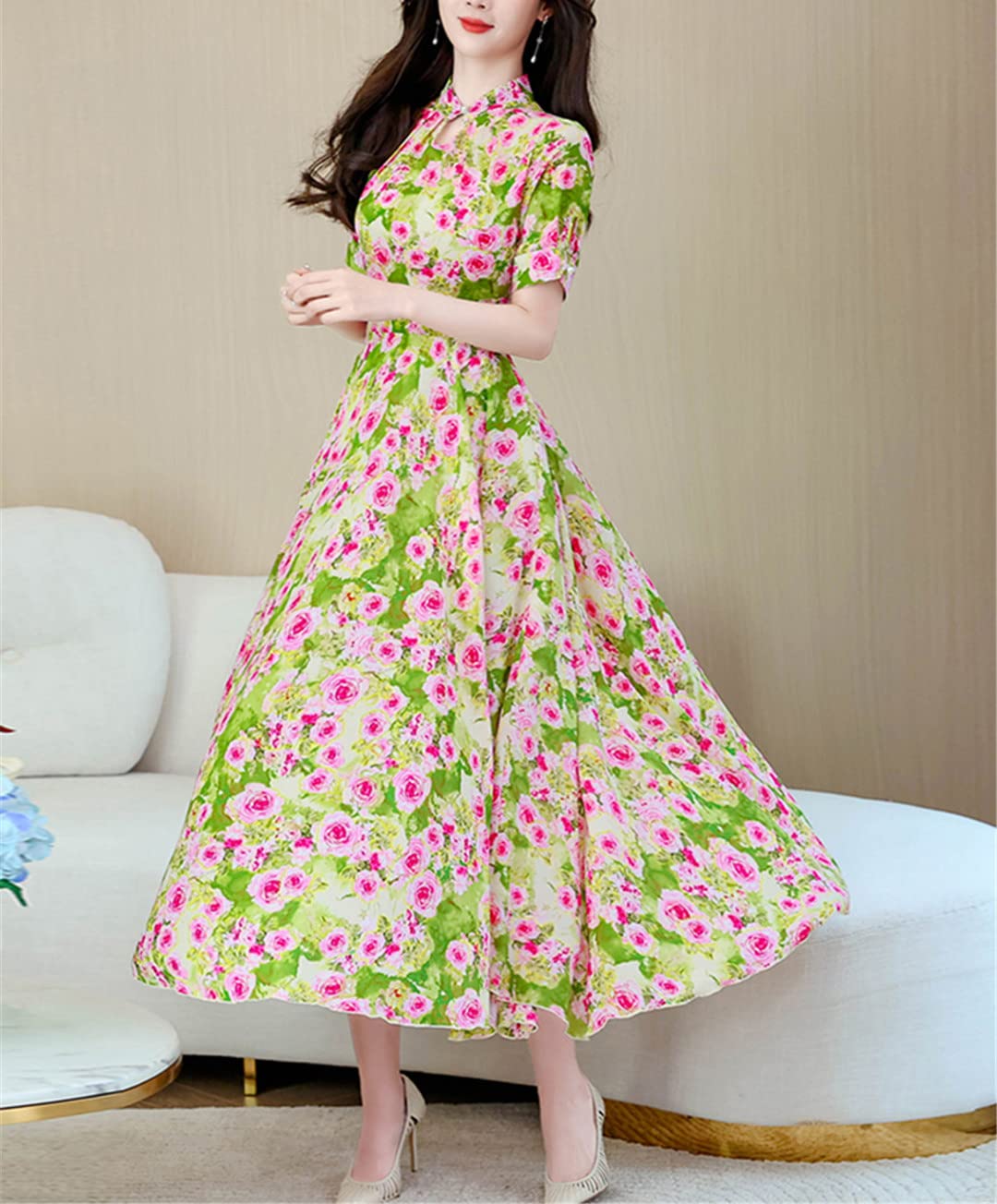 Casual Vintage Chiffon Midi Abiti Vestiti Estivi per Abito Lungo Chic Elegante Donna Floreale Aderente Prom Night