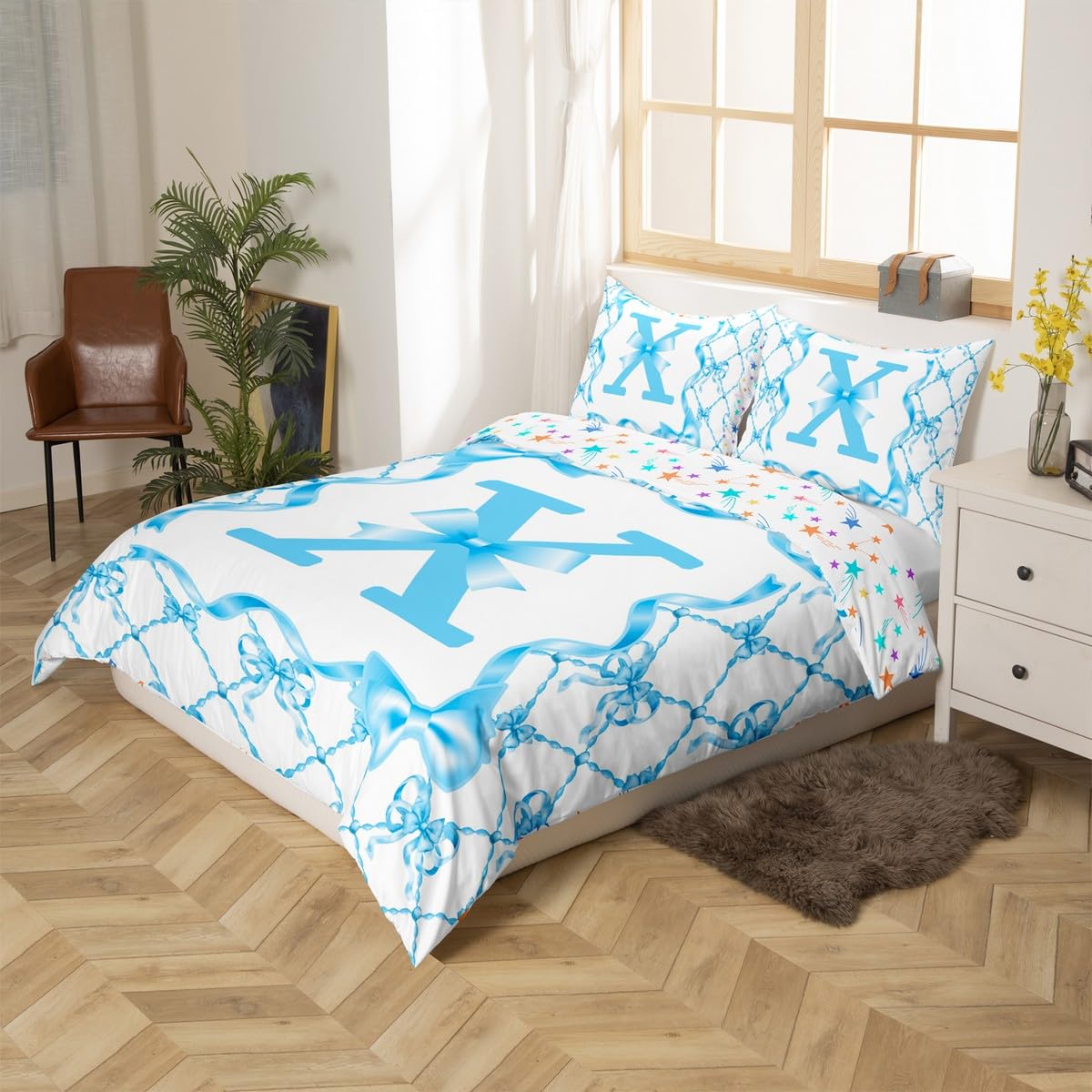 Homewish Juego de funda de edredón azul con lazo de coqueta tamaño King para niñas adolescentes | Juego de funda de edredón infantil con letra inicial X, bonito lazo, juego de ropa de cama coquette