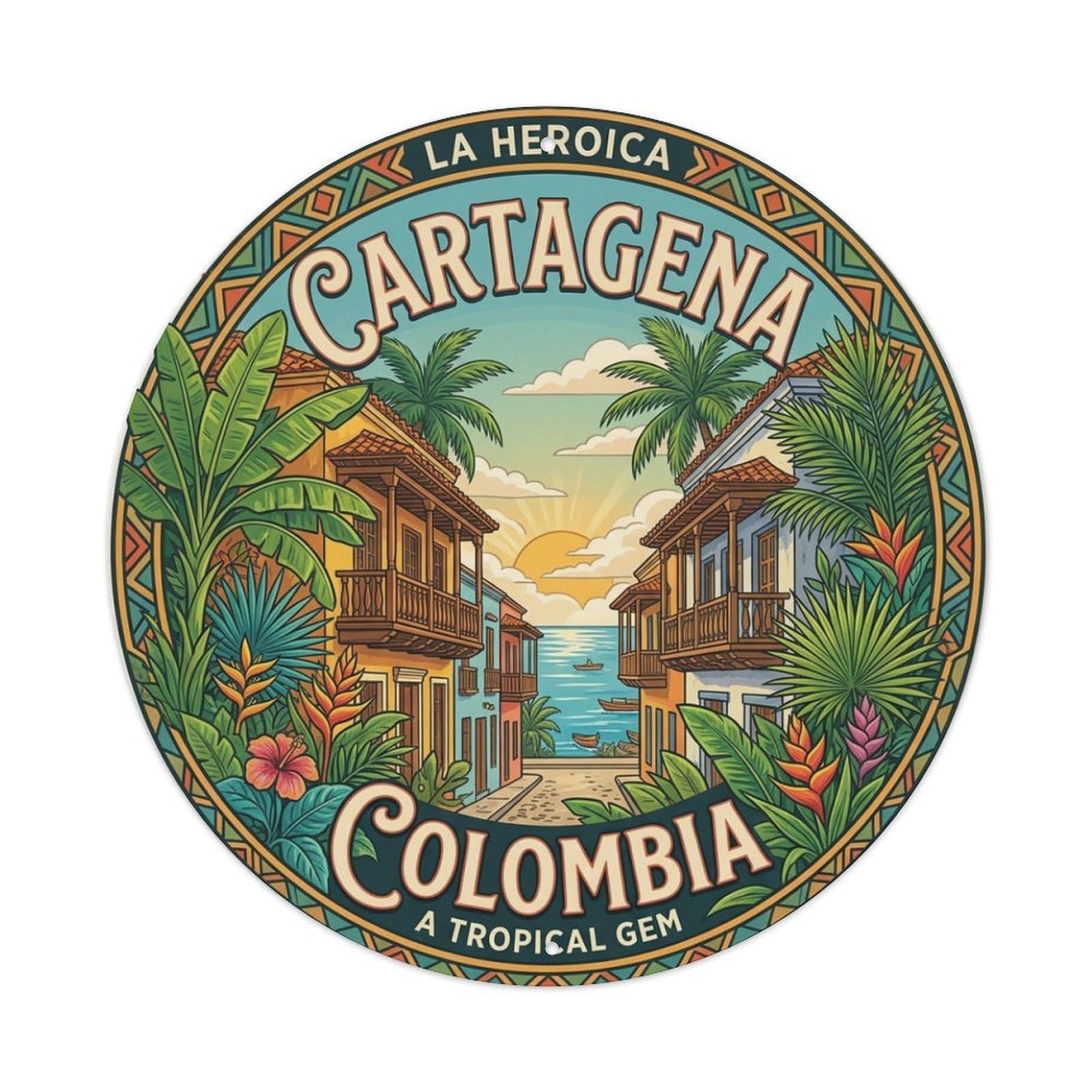 Metal Tin Sign Vintage Travel Cartagena Colombia Plants