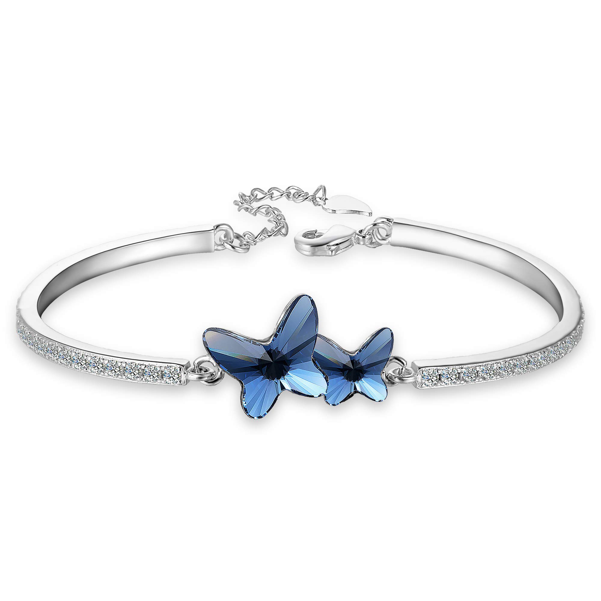 EleQueen Women's Silver-Tone CZ Butterfly Love Bangle Bracelets Denim Blue Adorned with Crystals