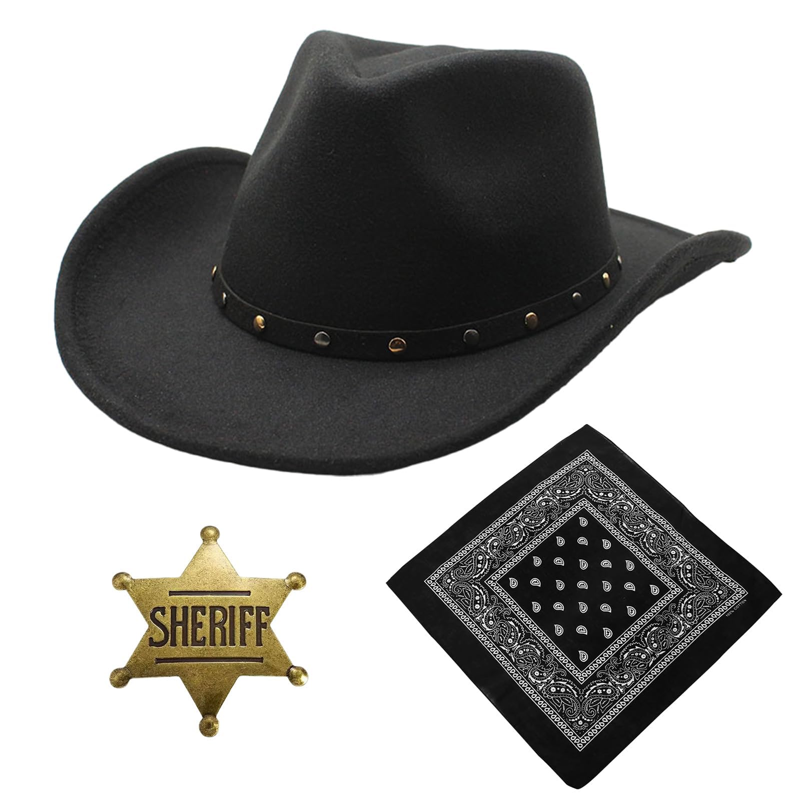 Essestim Cowboy Hats for Men Women, Unisex Adult Texan Cowboy Hat with Neckscarf, Sheriff Badge, Western Fancy Dress Party Accessory Wild Western Country Western Rancher (Style 4)