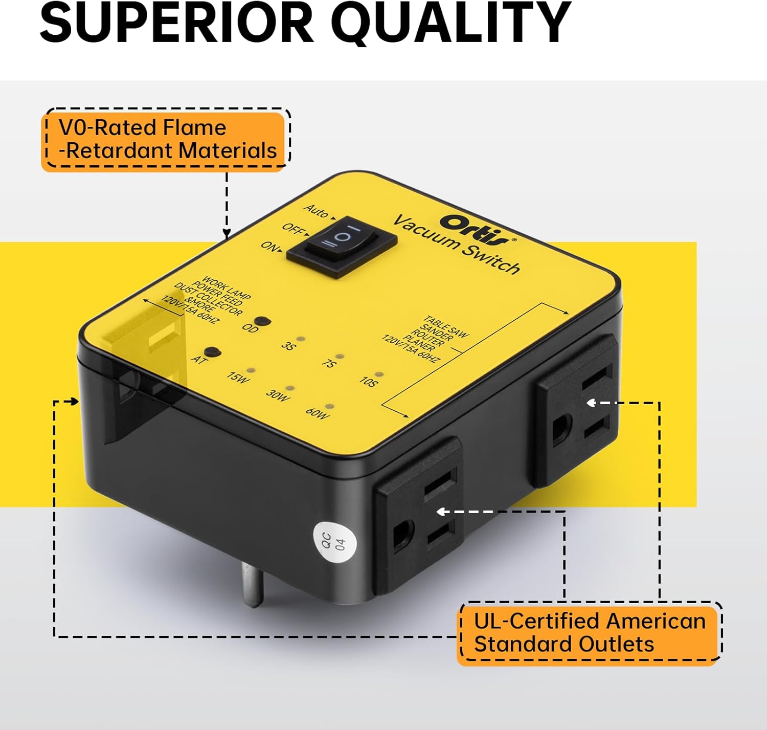 Automatic Vacuum Switch, Ortis Plug in Dust Control Autoswitch for 2 Power Tools, Auto/On/Off Modes, Adjustable Start & Delay-Off for Cleaner Air, Smoother Workflow, Yellow HVC-14Y