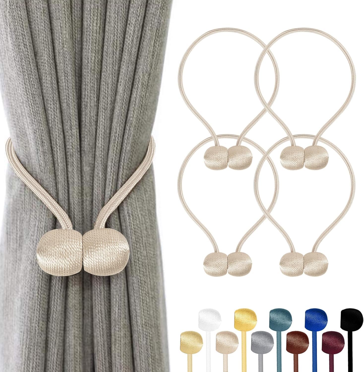 TopHomer Magnetic Curtain Tie Backs 4 Pack - 10 Colour Options, Beige, 4 pcs