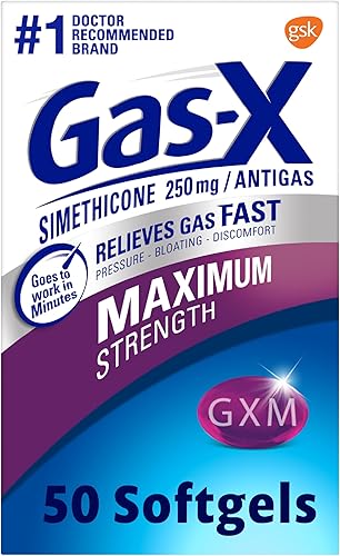 Gas-X Cápsulas blandas de alivio de gases de máxima resistencia con simeticona, 250 mg para aliviar la hinchazón, 50 unidades