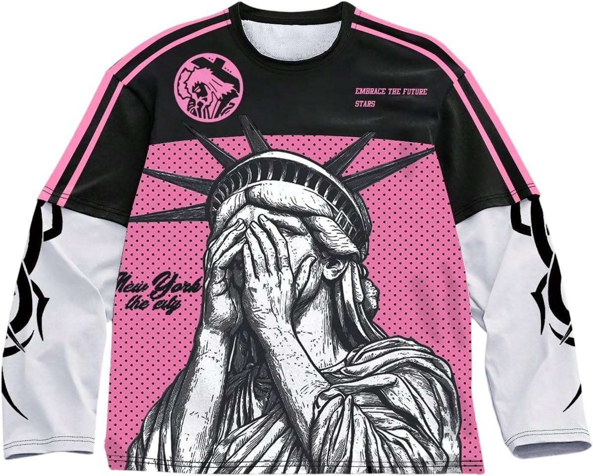 Men's Number Graphic Long Sleeve Jersey Shirts Oversized Y2K Round Neck 2 in 1 T-Shirts Streetwear Top