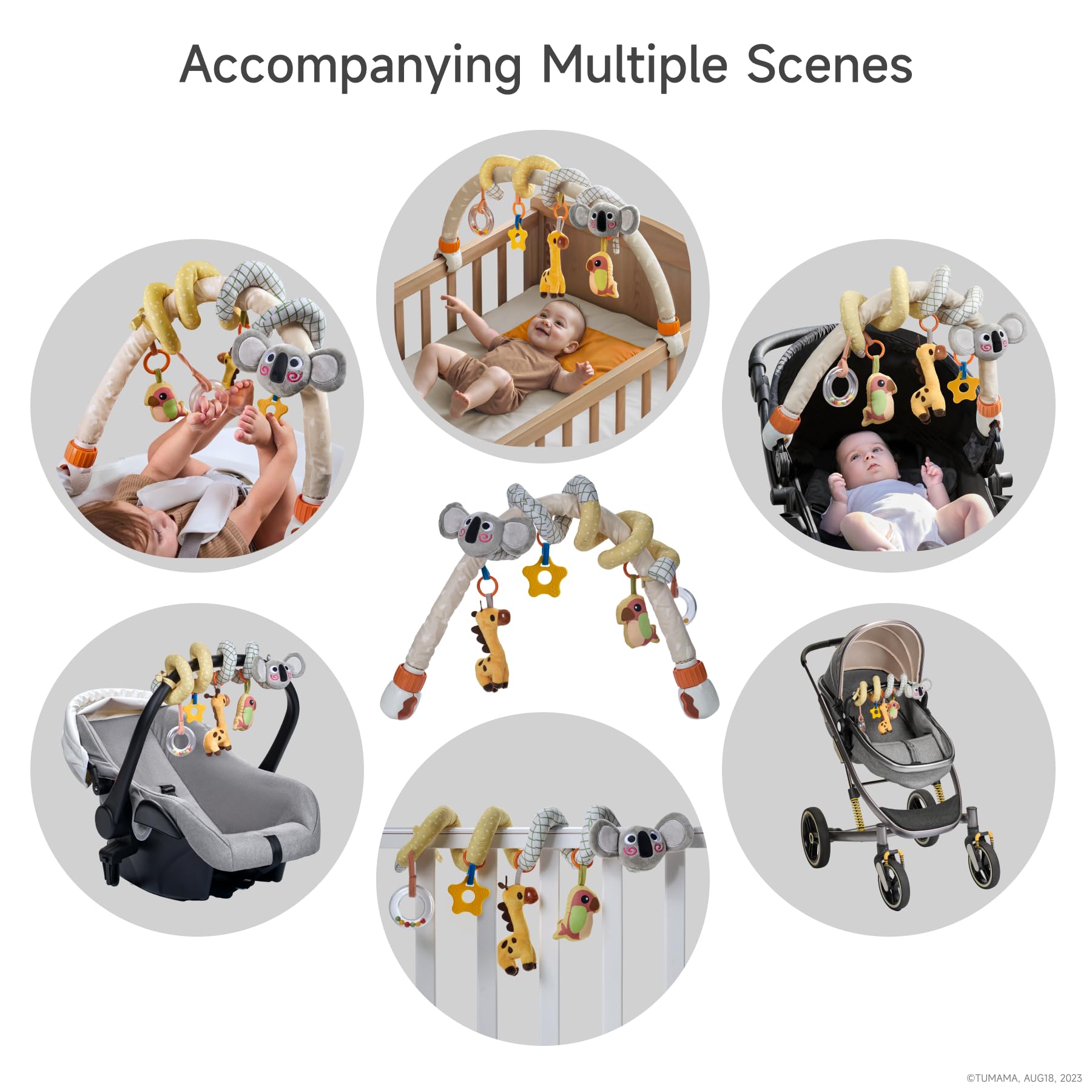 TUMAM 2-in-1 Spirale D'activité Bébé avec Arche Eveil Jouet Poussette pour Bebe 0 3 6 9 Mois, Jeux Eveil Suspendu avec Hochet Et Anneaux De Dentition pour Auto, Stroller Arch, Berceau, Peluche Cadeau